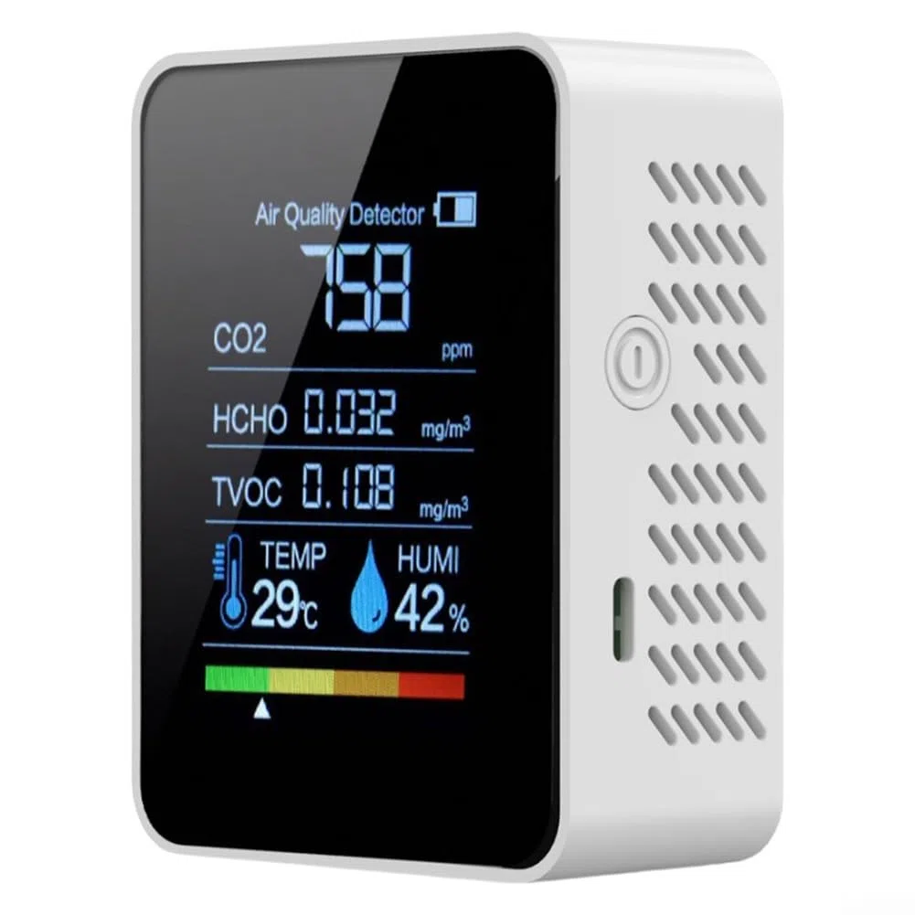 Moniteur de qualité de l'air 5 en 1 Détecteur CO2 d'intérieur Professionnels HCHO TVOC Testeur avec capteur de température et d'humidité Rechargeable Écran LED Analyseur de qualité de l'air