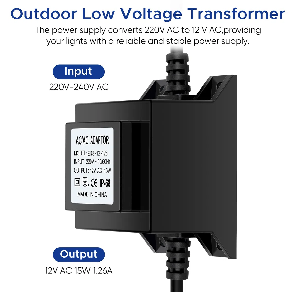 IP68 étanche Transformateur 12V Alimentation LED AC/AC 15W 1.25A Adaptateur LED Transfo pour éclairage et Pompes de Bassin
