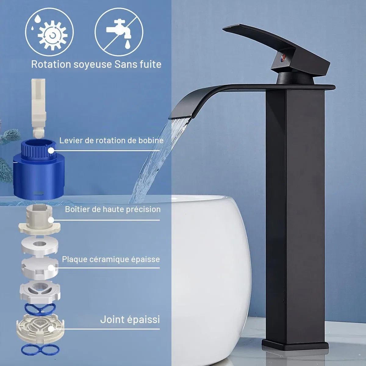 Robinet de lavabo cascade, noir, cascade, haut, moderne, mitigeur monocommande en laiton, économie d'énergie, économie d'eau