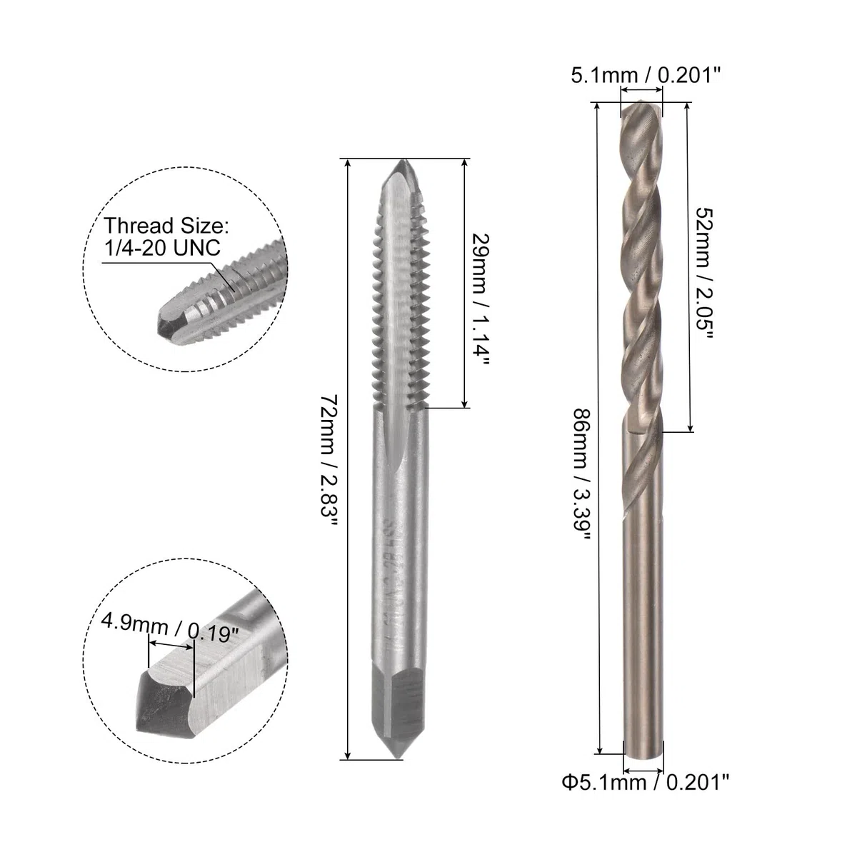 sourcing map Jeu de tarauds et embouts, 1/4-20 UNC 2B, taraud de fraisage à cannelure droite, 5,1 mm M35 en acier rapide (HSS-CO)