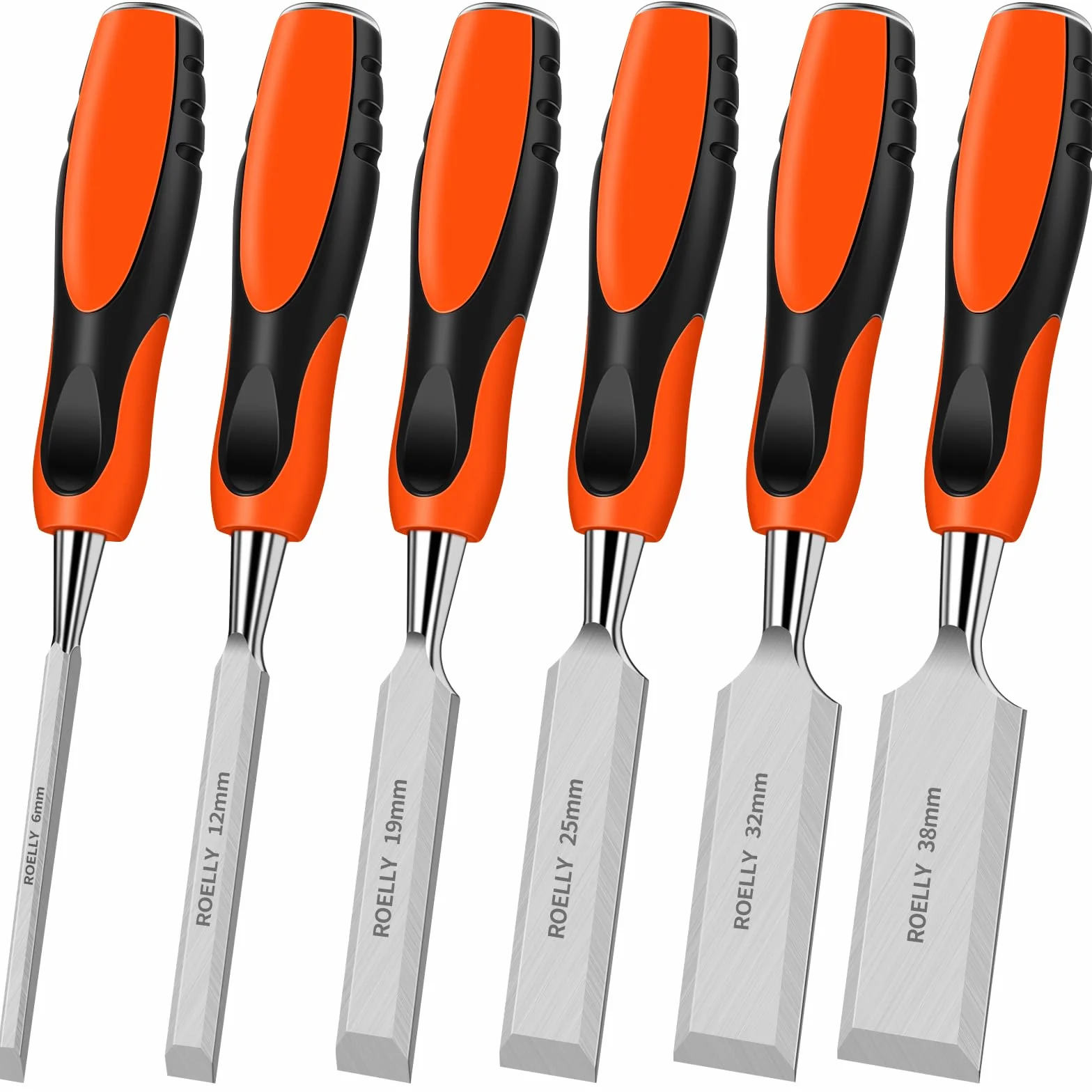 ROELLY Ciseaux a Bois Professionnels 6 Pièces, 6, 12, 19, 25, 32, 38 mm, Gouge a Bois,Outils Menuiserie，Lames Tranchantes Avec Poignées Confortables pour La Sculpture Sur Bois
