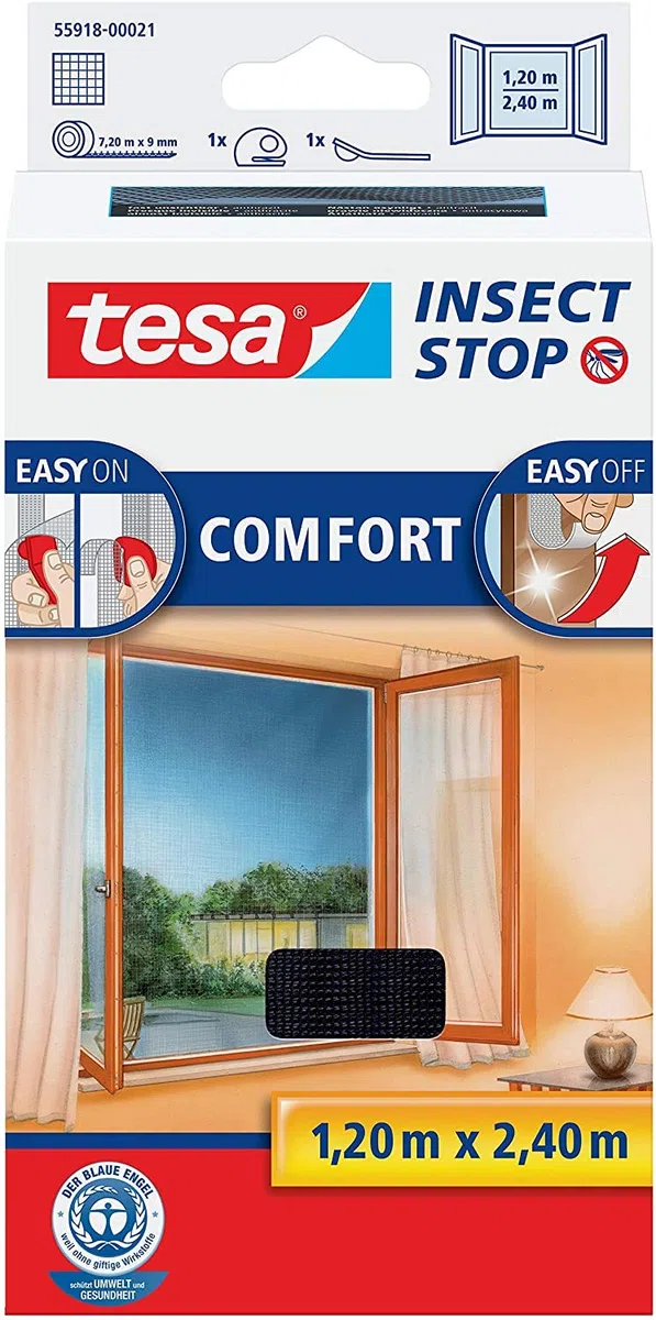 tesa Insect Stop Comfort Lot de 2 moustiquaires, autocollantes, sans perçage, pour fenêtre au sol, anthracite, transparent, 120 x 240 cm