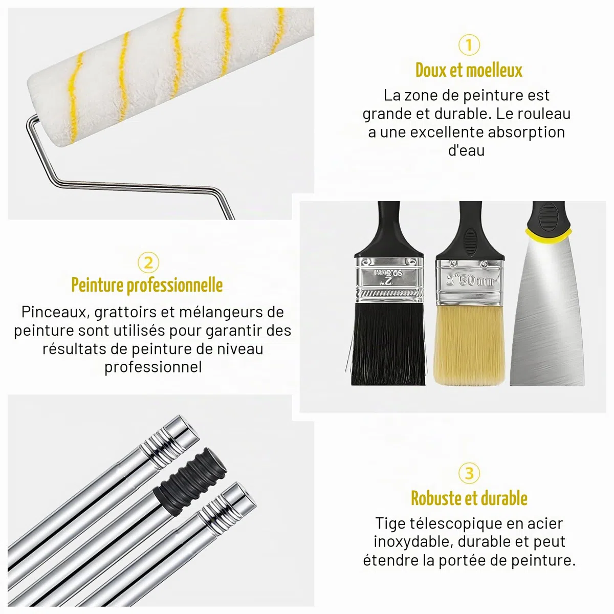 Rouleau Peinture, Rouleau Peinture Mousse Kit De Peinture 20 Pièces Avec Rouleau Long Poil 9", Manche Télescopique, Pinceaux, Bac, Bâche Et Accessoires Pour Murs