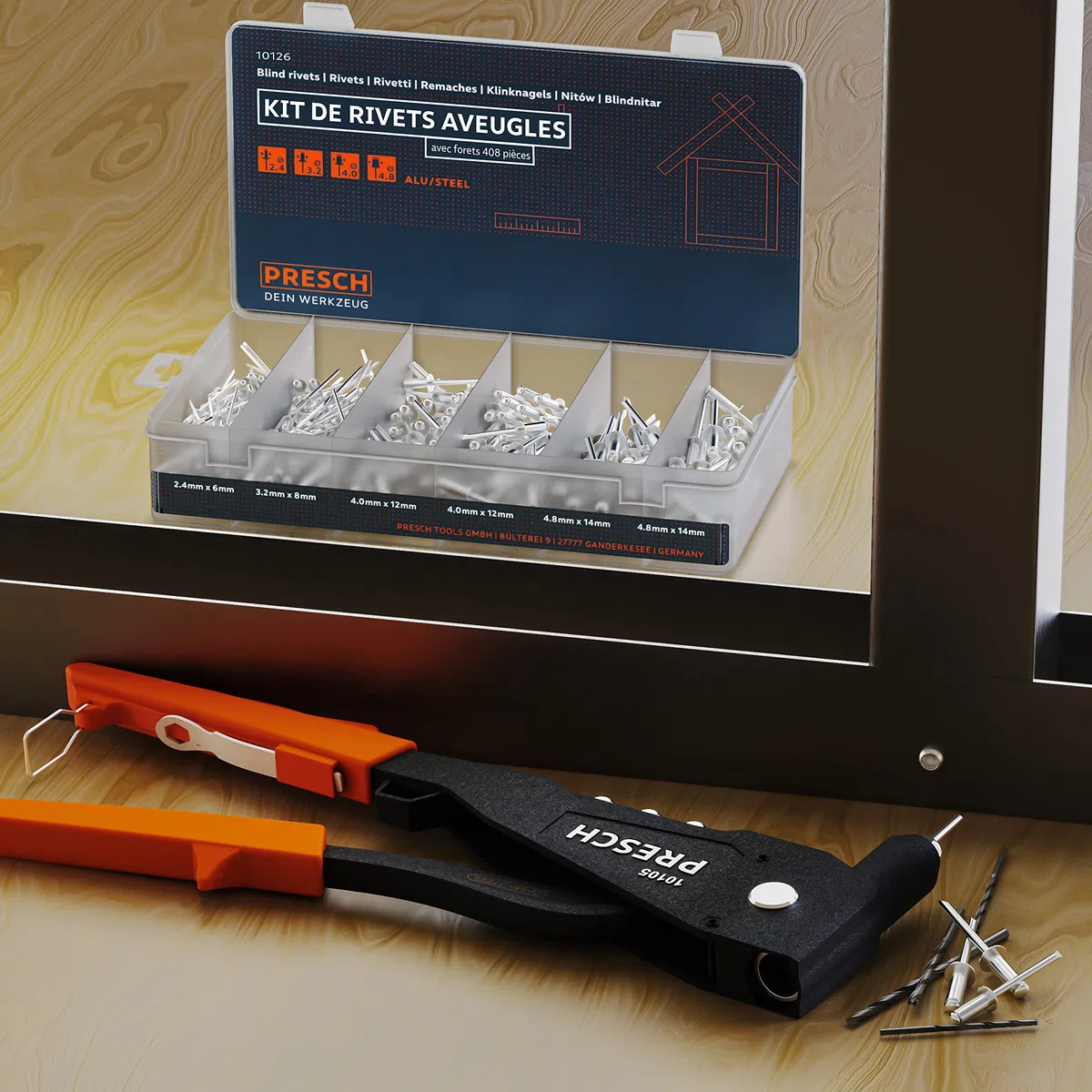 Presch Kit de rivets aveugles 408 pièces avec forets HSS - Lot de 400 rivets alu/acier 2,4mm, 3,2mm, 4,0mm et 4,8mm et 8 forets HSS correspondants 2,5mm, 3,3mm, 4,1mm et 4,9mm