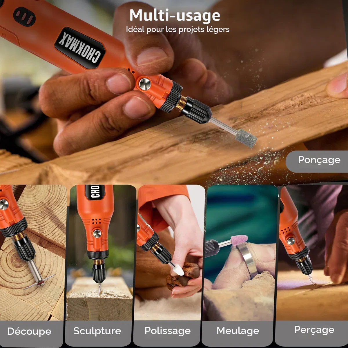 Outil rotatif sans fil, kit de meuleuse à 3 vitesses avec éclairage avant et 72 accessoires, outil de type C rechargeable pour le nettoyage, le ponçage, le polissage, le perçage et les petits travaux