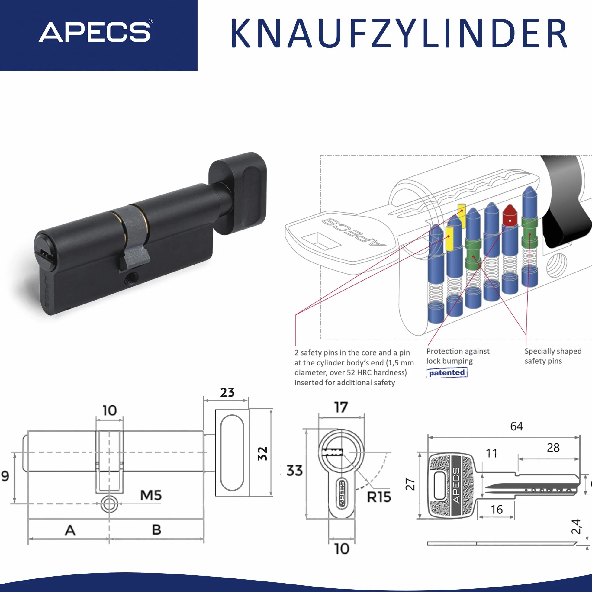 Cylindre de serrure à bouton noir APECS avec bouton - 80 (35/45 C) mm, pour serrure de porte d'entrée, avec 5 clés, modèle SM-80(35/45C)-C-BLM