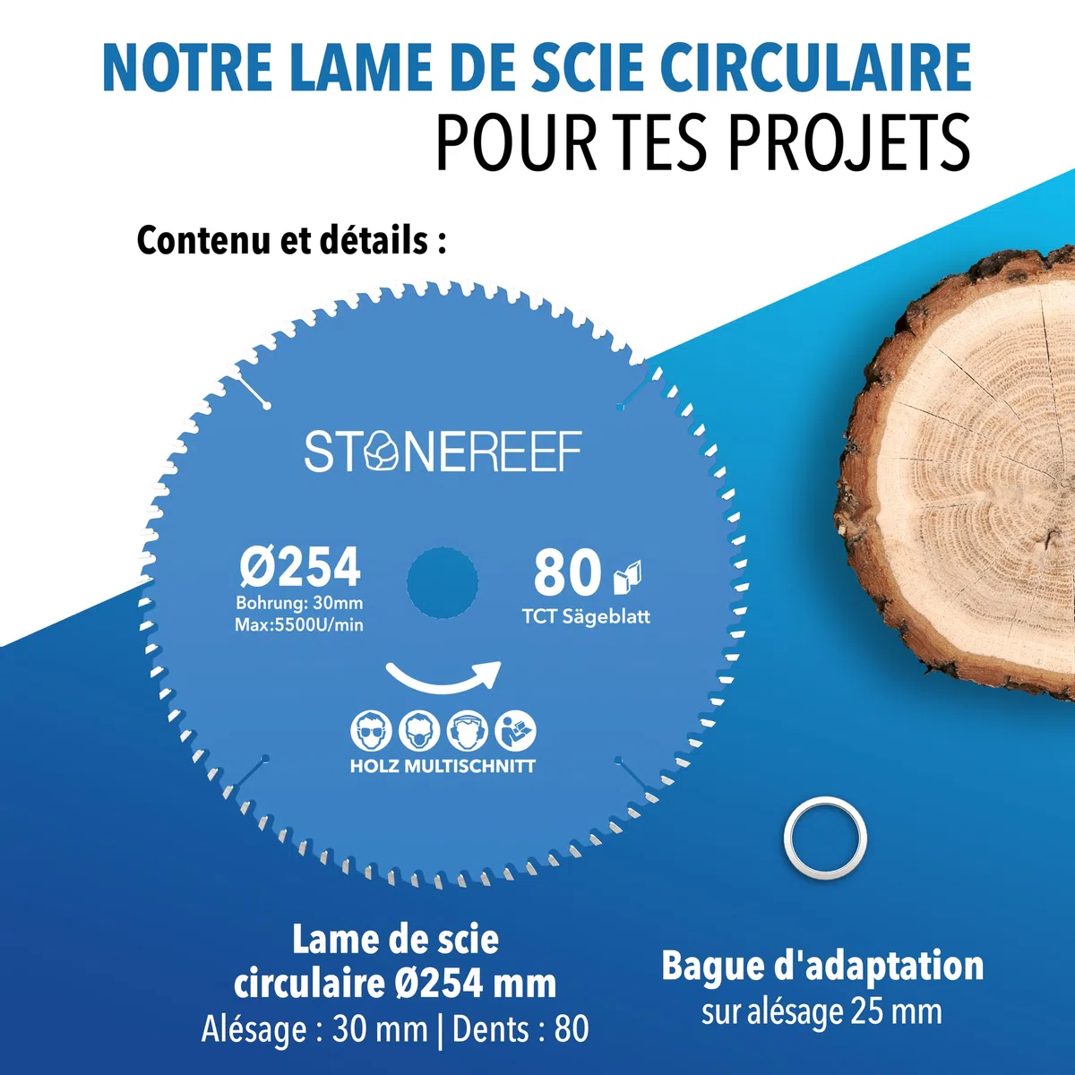 STONE REEF Lame de scie circulaire 254x30 mm avec adaptateur pour alésage de 20 mm, compatible avec scie plongeante et scie circulaire de Bosch, Makita, idéale pour le bois, le métal et l'aluminium