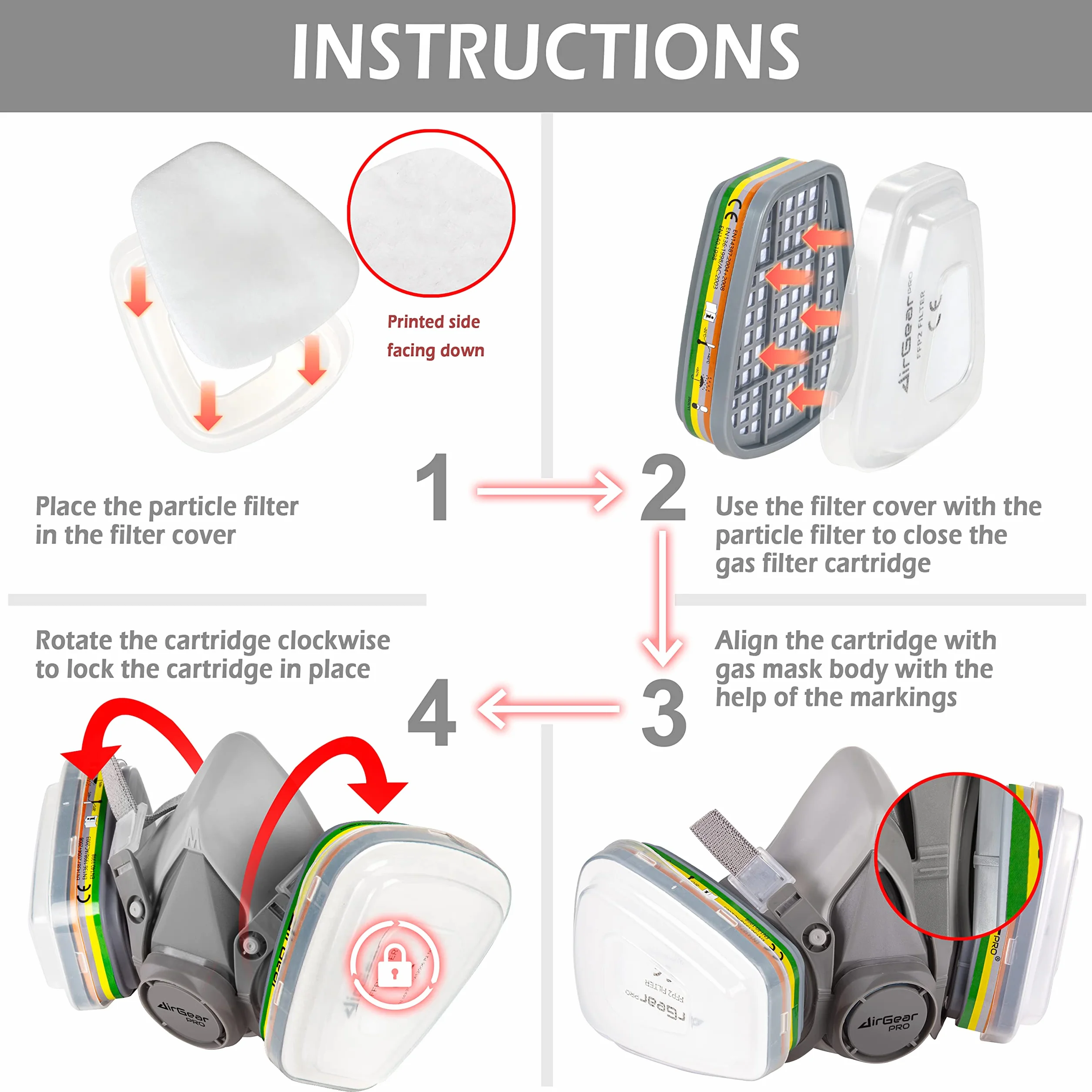 AirGearPro F-500 ABEK1-P2 Filtres pour Masque de Protection Respiratoire Réutilisable G-500/M-500/G-750, Anti poussière, Anti gaz pour travaux chimiques, industriels, peinture, bricolage, ponçage