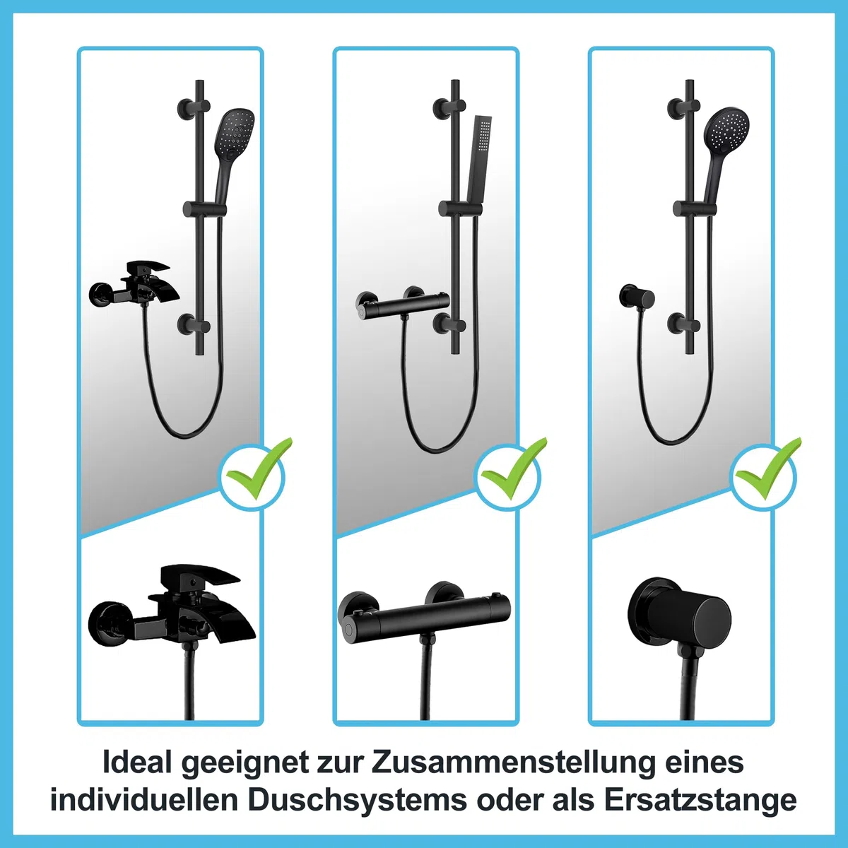 Görbach Barre de Douche Noir 70cm en Acier Inoxydable avec Support de Pommeau de Douche Réglable et Fixations Murales Variables pour S'adapter aux Trous de Perçage Existants