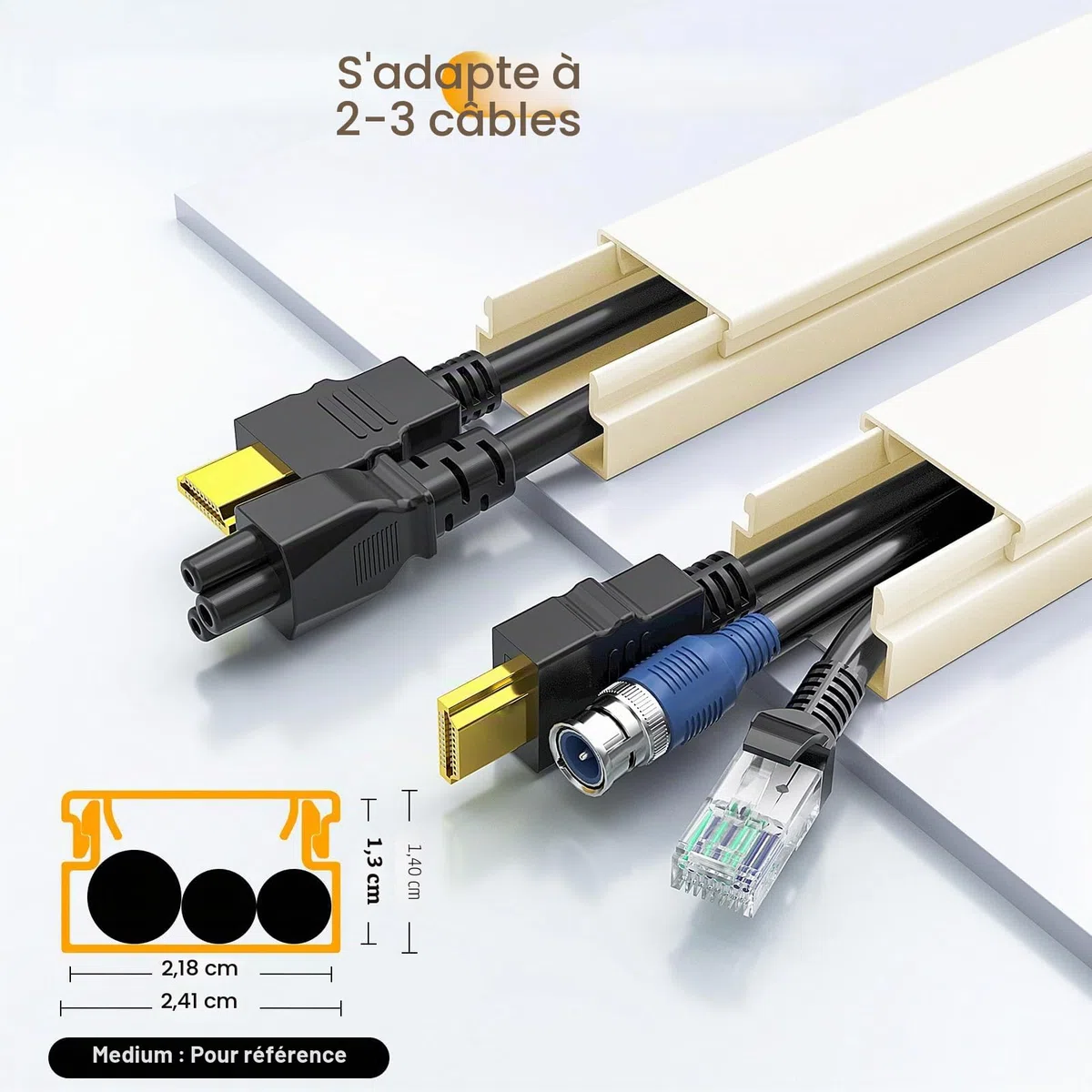 Delamu 4M Goulotte Passe Cable Murale Autocollante, Cable Management, Cache Cable Fils Goulotte Electrique pour TV & Bureau, 10 pièces, L400mm x W24mm x H14mm, ‌Beige
