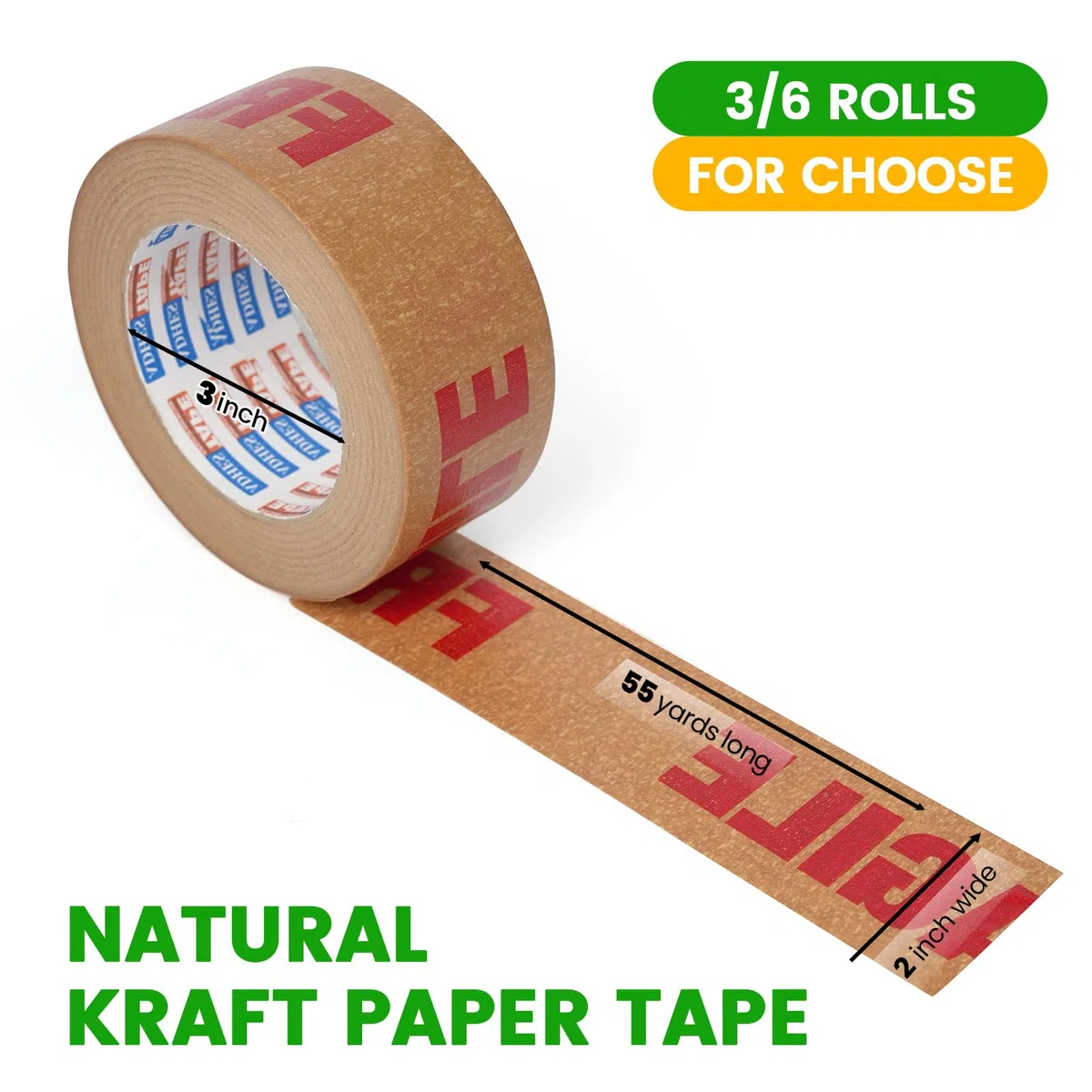 ADHES 3rolls Ruban Adhésif Fragile pour boîtes ruban Kraft brun entièrement recyclable pour un emballage en papier écologique robuste pour les déménagements et les objets fragiles