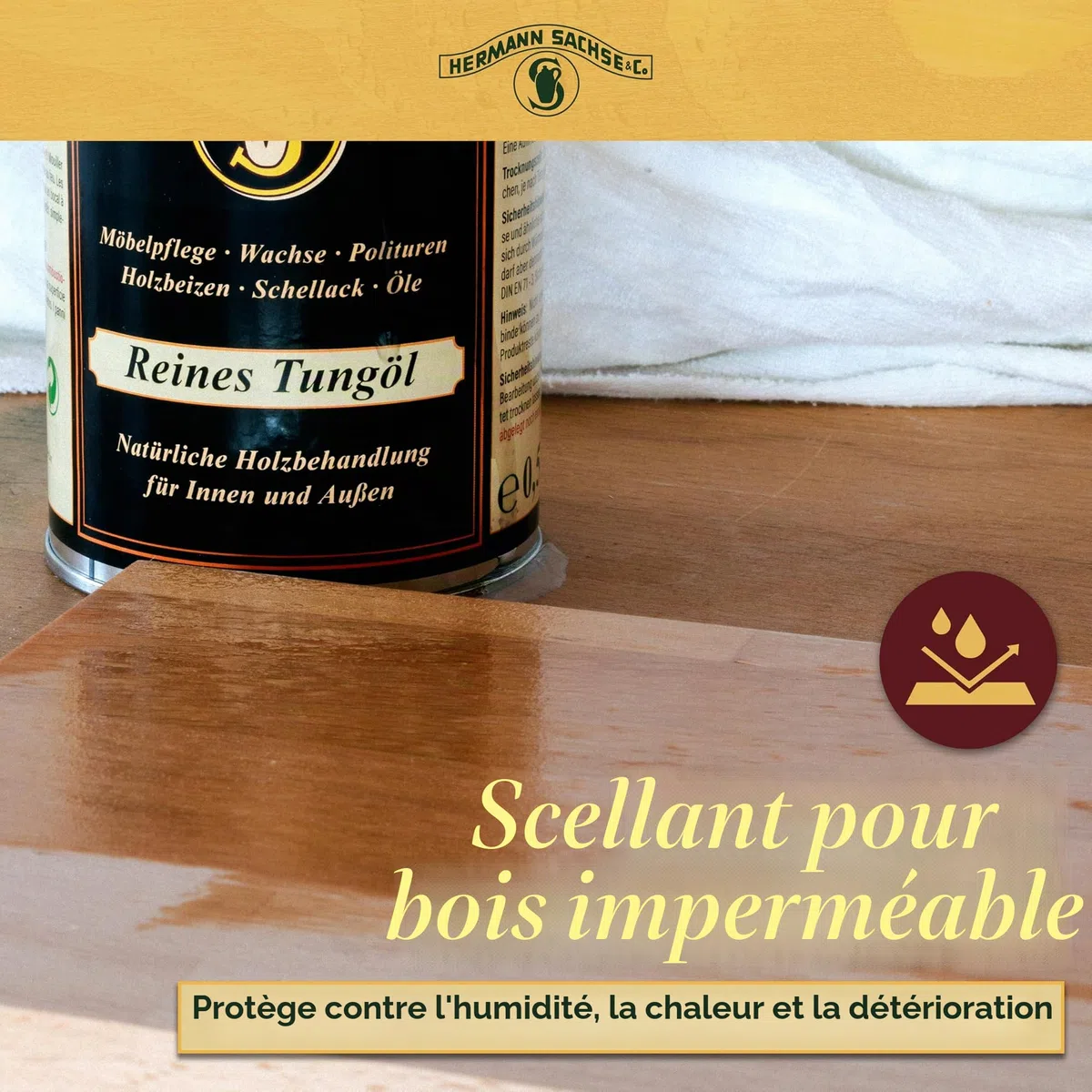 Huile de tung pure 0,5 l - Huile pour bois 100 % naturelle pour intérieur et extérieur - Surface très résistante et imperméable - Couverture : environ 4 à 8 m²
