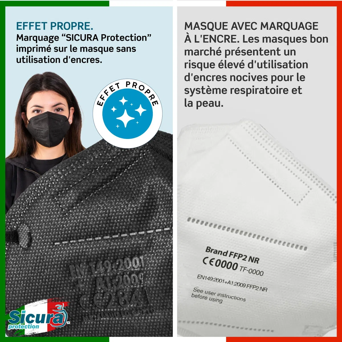 60 masques FFP2 Certifié CE NOIR Fabriqué en Italie BFE ≥99% Sanitized Masque FFP2 italien scellé individuellement EN 149:2001+A1:2009
