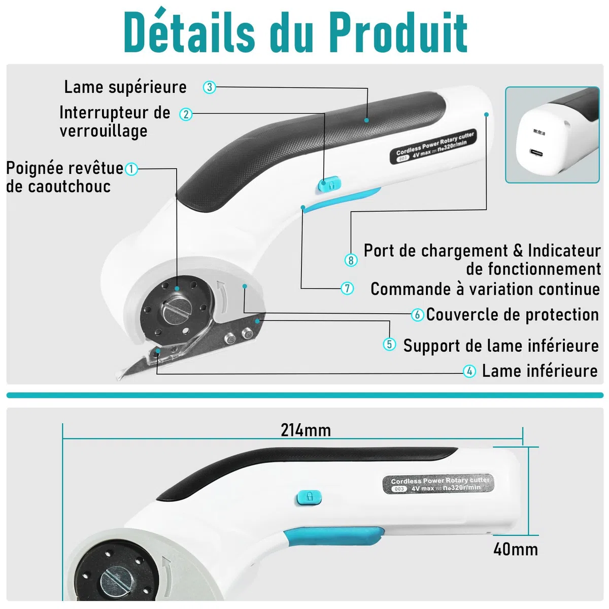 Cutter pour Carton 3,7 V Ciseaux Électriques, Cutter pour Carton Électrique avec Batterie 2000 mAh,Cutter Rotatif Universel sans Fil avec 2 Lames Auto-affûtantes pour Moquette,Cuir et Feutre