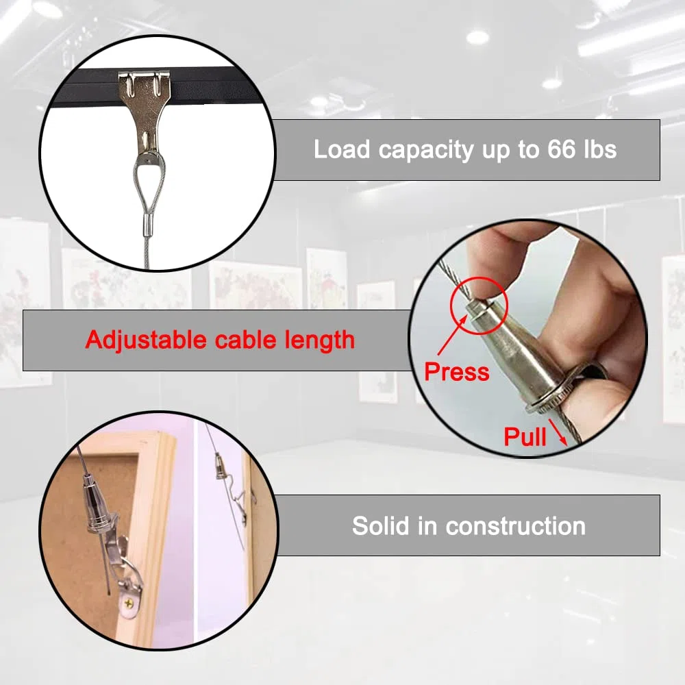 Lot de 10 systèmes de suspension pour photos - Câble en acier inoxydable de 1 m avec boucle, crochets réglables pour photos murales, expositions, galerie d'art, charge maximale de 29,9 kg
