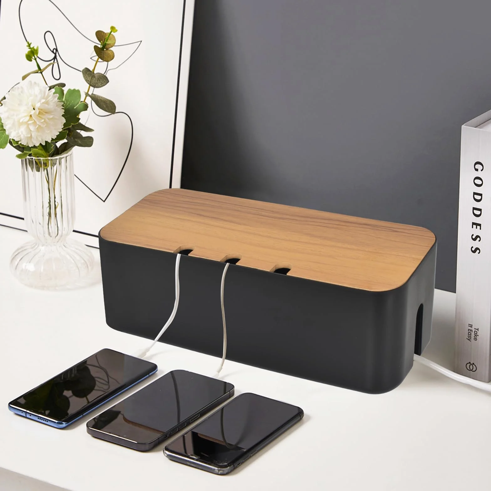 Grande boîte de rangement de câbles noire avec couvercle en bois pour cacher les câbles, multiprises pour téléviseurs, bureaux, maison, bureau