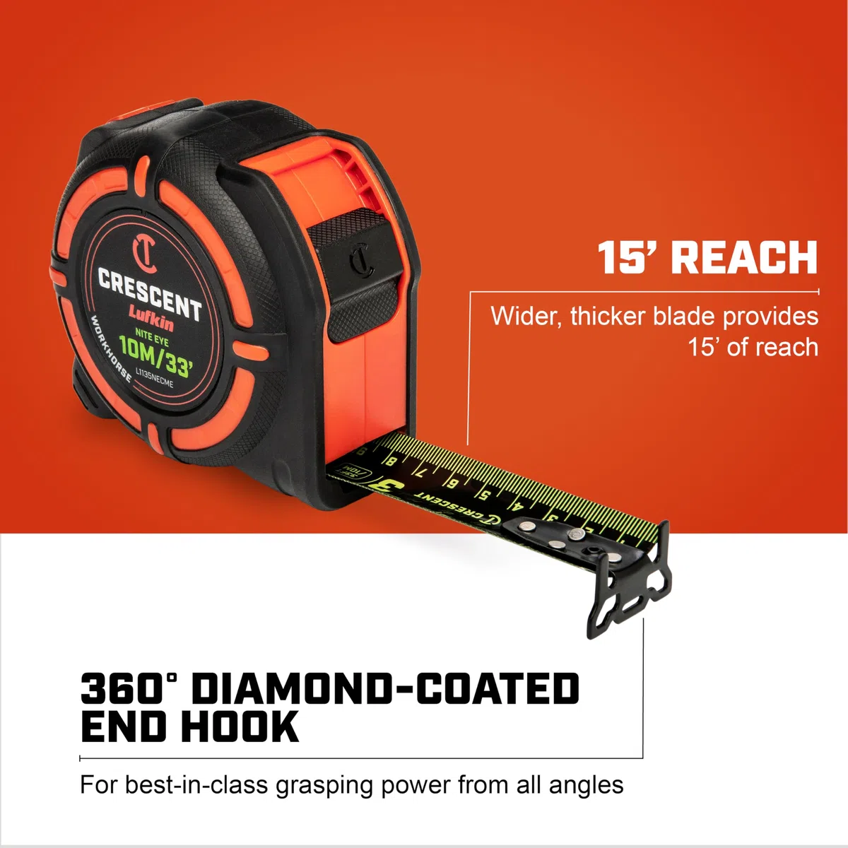 Crescent Lufkin L1125NECME Mètre ruban à mesurer Workhorse NITE Eye 8 m