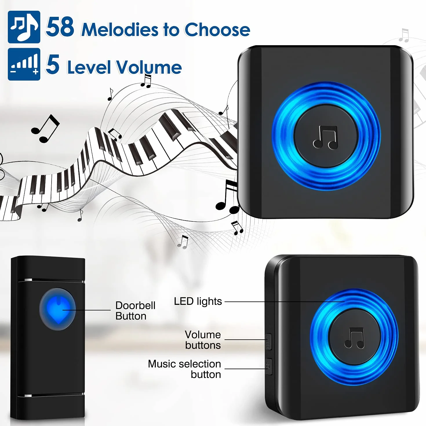 Satisure Sonnette sans Fil 2 Emetteurs 2 Recepteurs | 400M/1300FT, Carillon de Porte Extérieur Étanche IP55, 58 Mélodies à 5-Niveaux Volume et Kit Carillon, Jardin, Hôtel, Bureau