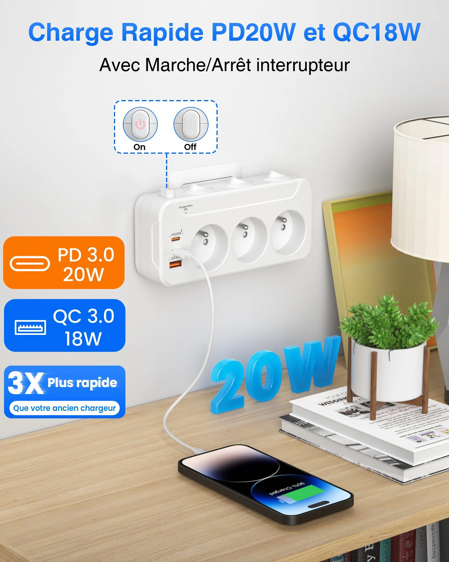 Prise Multiple USB C,Multiprise Murale 3 Prises Française avec Charge PD20W | Multiprise Parafoudre et Surtension,Interrupteur Individuel,Triplite Electrique Prise Rotative Horizontale et Verticale,Blanc