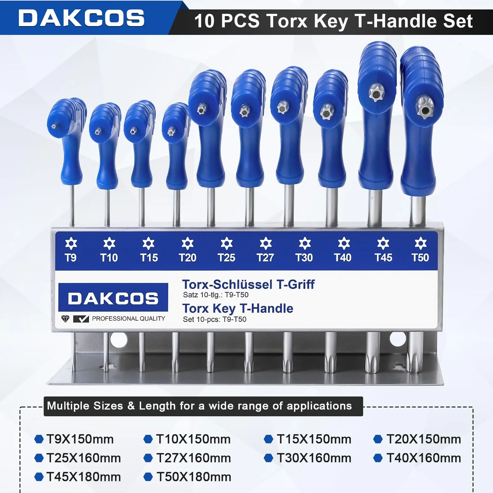 DAKCOS 10 pcs Jeu de clés Allen Torx avec poignée en T Clés mâles Torx avec trou frontal pour Vis TORX femelles T9-T50, Cr-V