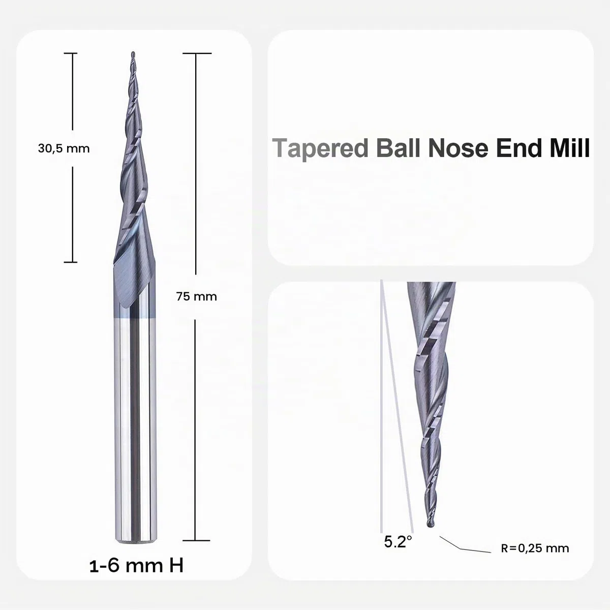 SpeTool Fraise Conique Fraise Defonceuse 6mm Rayon de 0,25 mm Fraise CNC en Carbure de Tungstène 5,2 Degrés avec Revêtement TiAIN pour la Gravure et la Sculpture en 2D et 3D dans le Travail du Bois