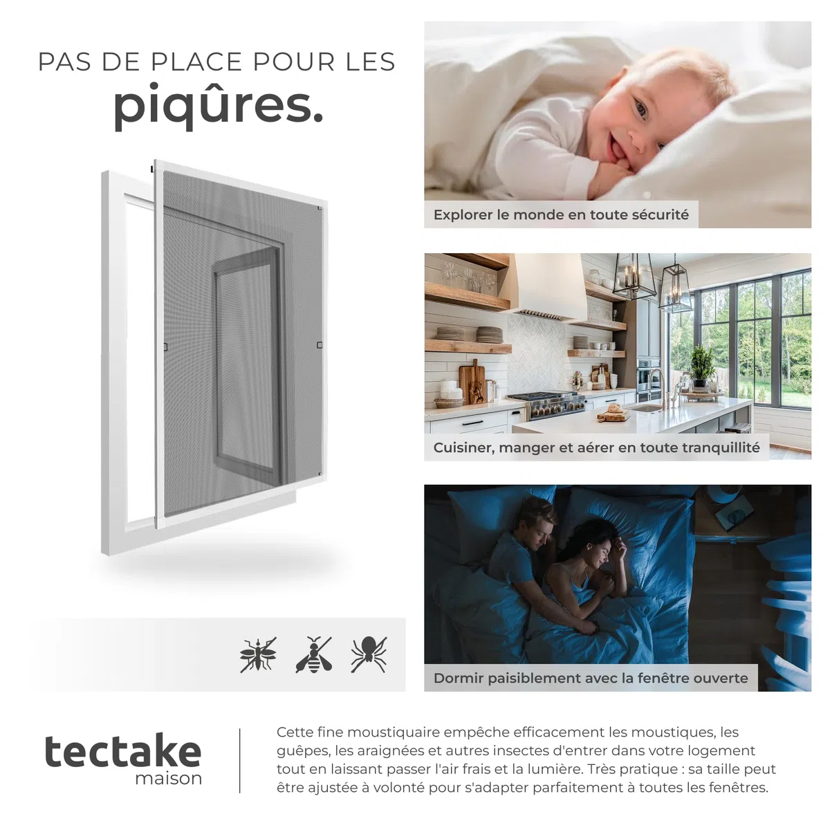 TecTake Moustiquaire fenetre & Store Cadre en Aluminium 100x120cm Blanc Filet Anti Moustique Résistante aux intempéries & aux UV idéal Chambre Enfant, Salon, Chambre Bebe Entrée Maison