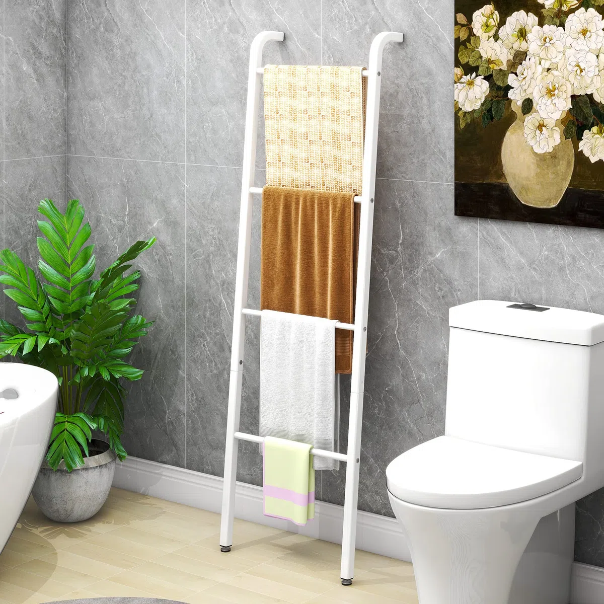 Porte-serviettes blanc à 4 niveaux, Porte-serviettes mural décoratif en forme d'échelle pour serviettes de plafond, salle de bain, chambre à coucher, salon