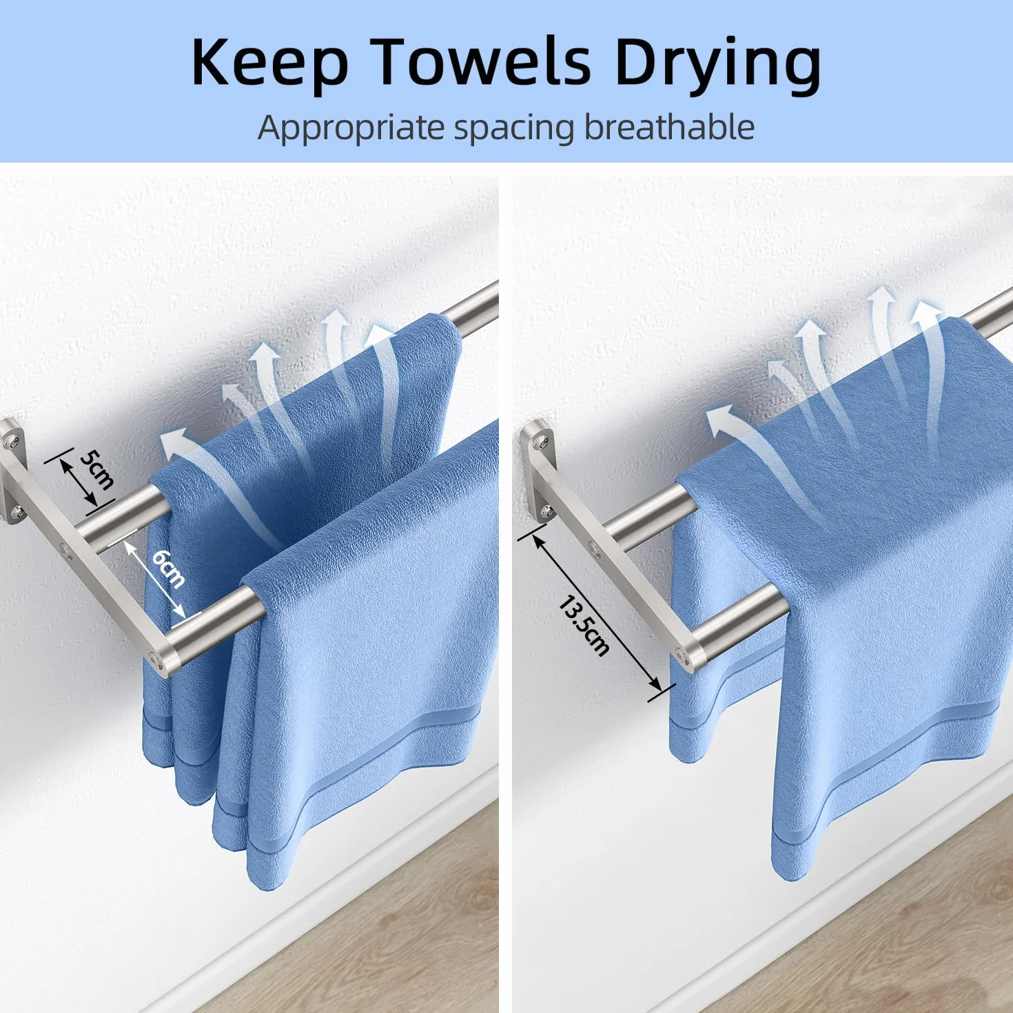 YUMORE Double Barre Porte-Serviettes de Bain 60CM Porte Serviette à Deux Bras en Acier Inoxydable Support Serviette à Fixation Murale Range Serviettes pour Salle de Bain ou Cuisine, Argent