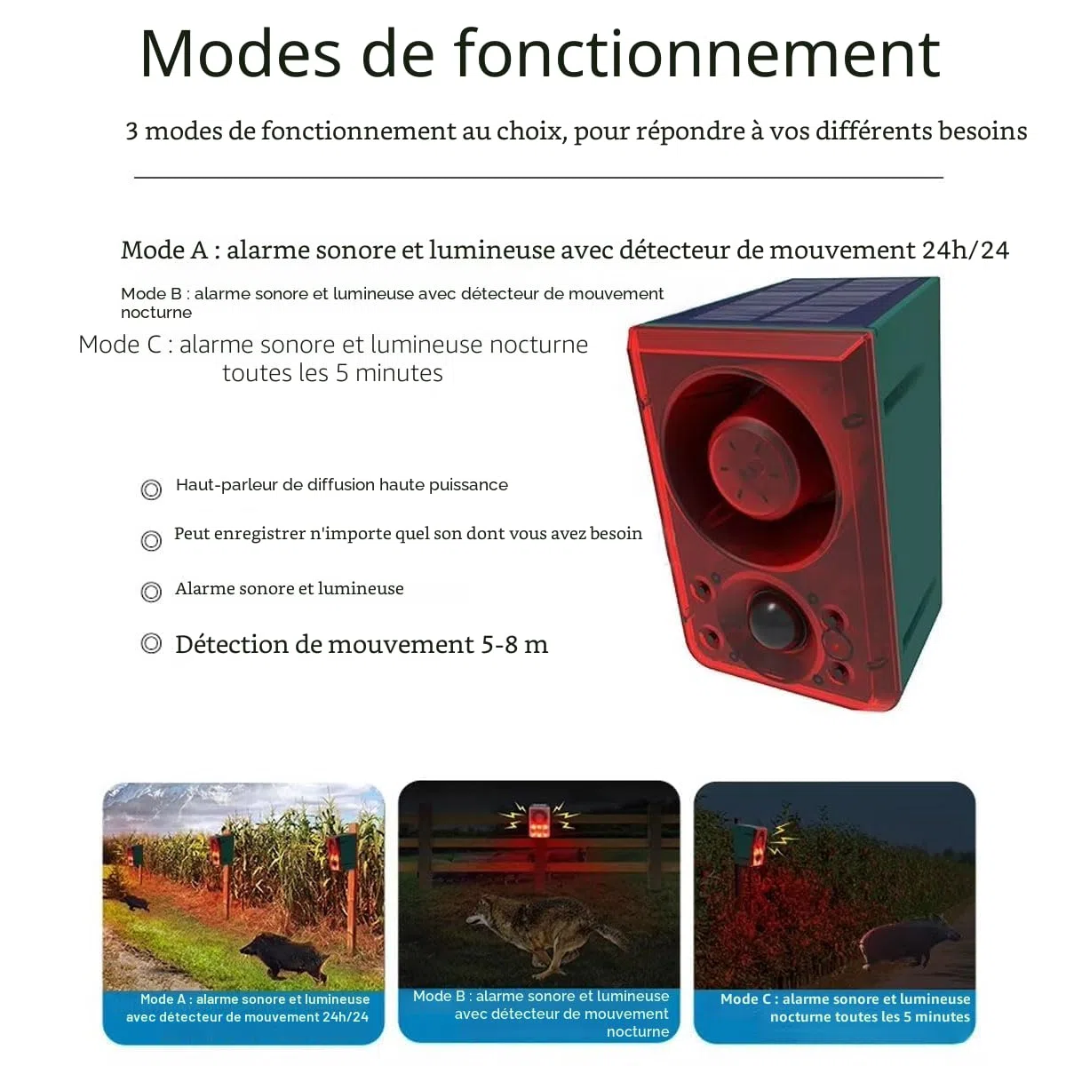Alarme de détecteur de Mouvement Solaire extérieur - aboiement de Chien et Coup de feu, générateur de Bruit 130dB avec télécommande, Enregistrement de 20 Secondes, Dites Adieu aux intrus