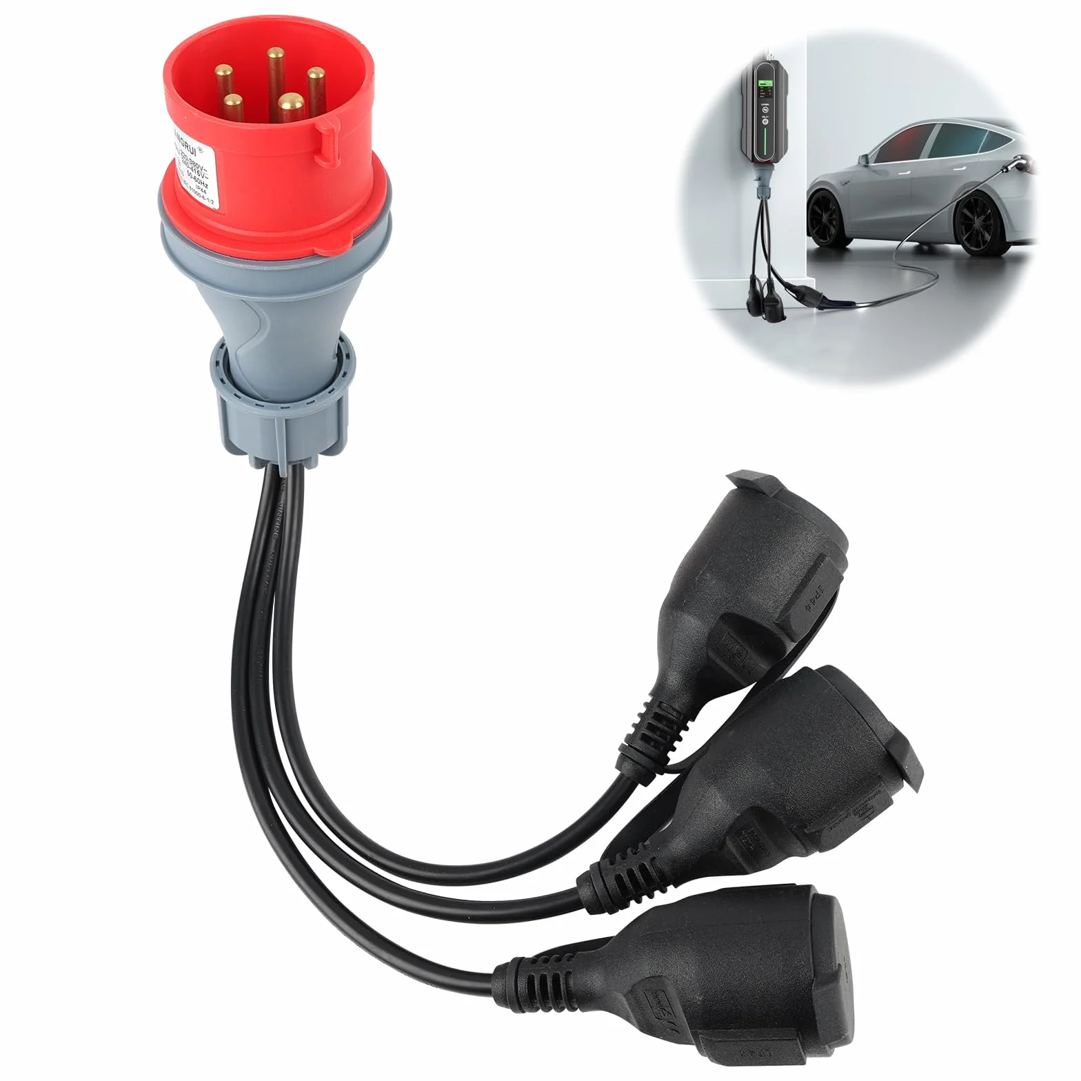 Adaptateur CEE - Répartiteur de courant fort - 400 V - 16 A - Fiche vers 3 x 230 V - Câble d'extension de courant fort - Câble adaptateur CEE de camping avec couvercle rabattable et fiche de contact