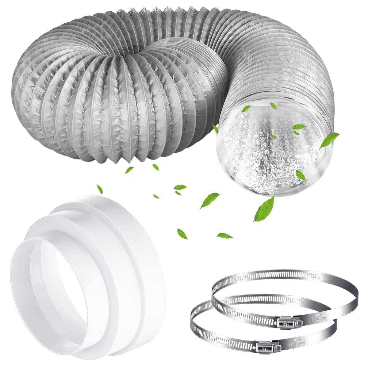 Hestya Tuyau d'Évacuation d'Air et Accessoires PVC Tube d'Évacuation Flexible Conduit d'Aération Souple à Isolation Thermique avec Collier de Serrage en Acier Inoxydable Réducteur (Gris, 150 mm x 2 m)