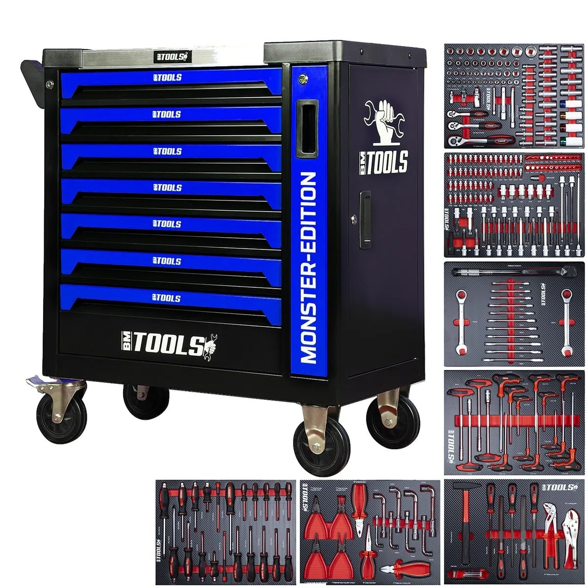 BM TOOLS Servante d'atelier 9/7 Monster-Edition-Blue 7 tiroirs Pleins, 1 Porte & 1 tiroir Vertical - 257 Outils - sur roulettes