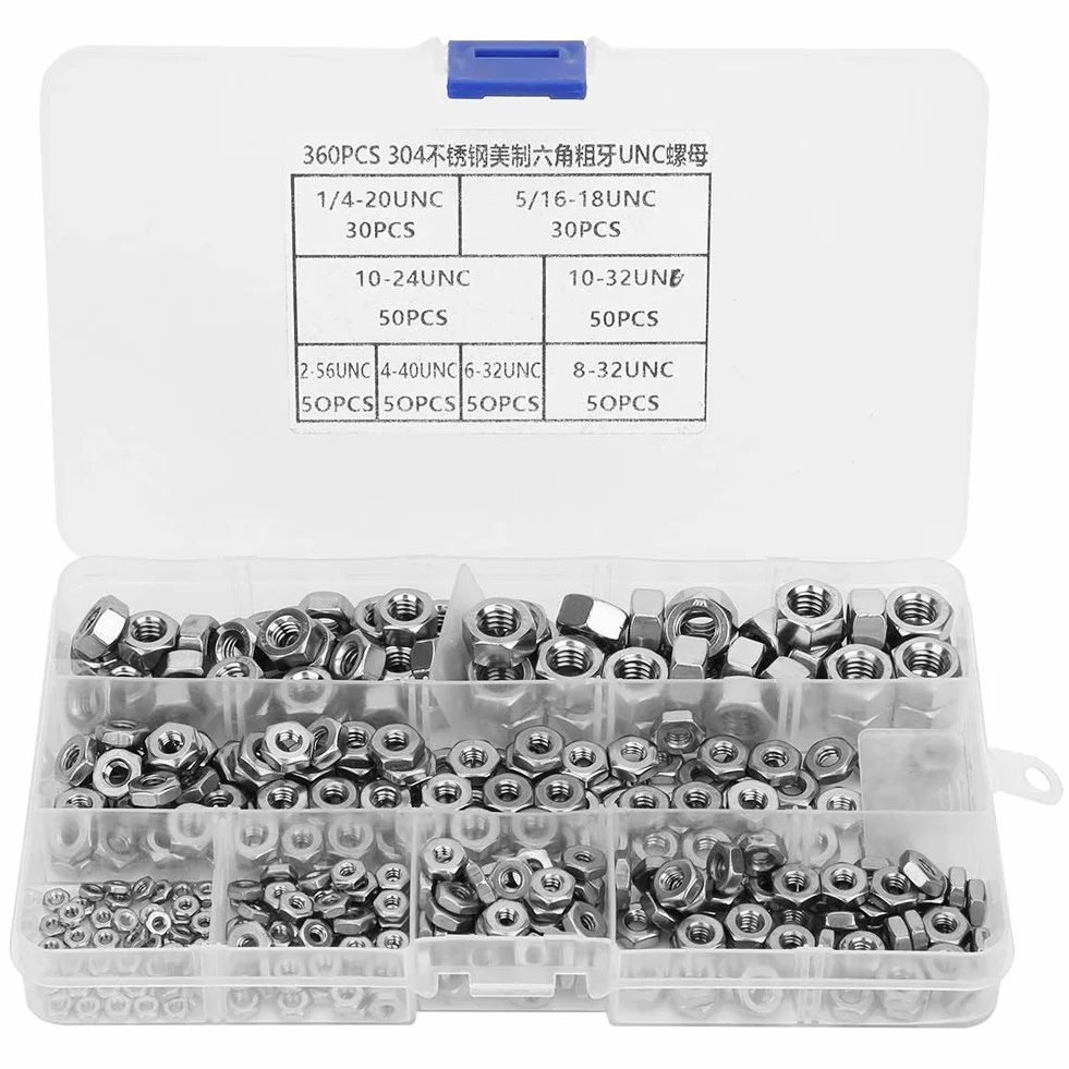 Écrous hexagonaux en acier inoxydable, filetage grossier, système américain UNC, 360 pièces, écrous de roue ensemble, Fermetures