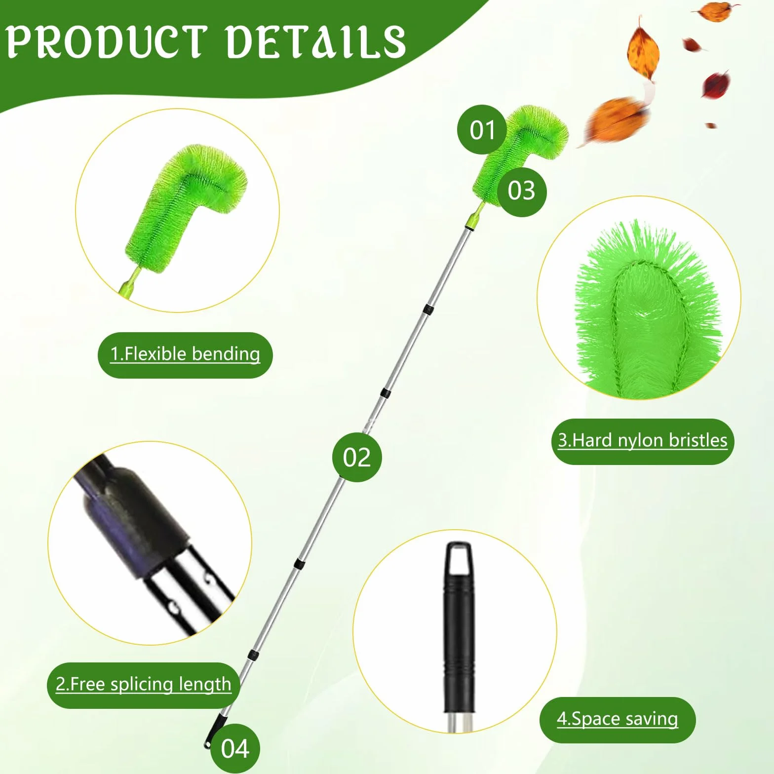 Outil de nettoyage de gouttière, perche telescopique nettoyage,brosse extensible longue portée, outil de nettoyage de gouttière pour gouttière de toit | Longueur totale – 310 cm (Vert)