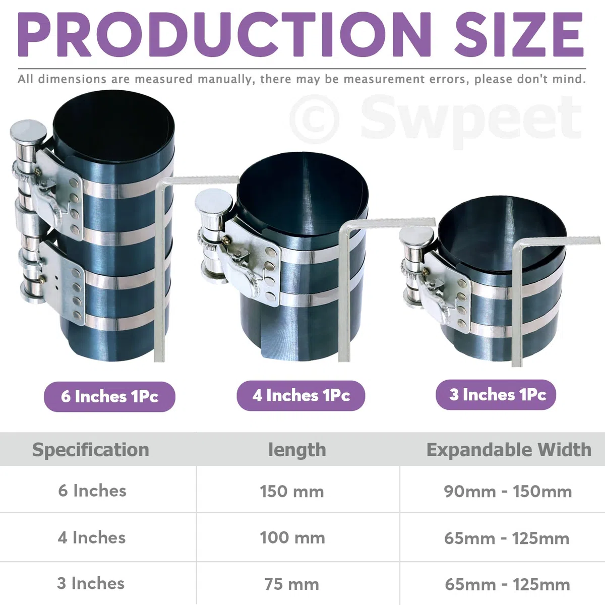 Swpeet 8pcs 3 "4" 6 "compresseur à bague de piston et outil de montage réglable outil de montage pince de démontage avec clé et palpeur en acier inoxydable kit de combinaison de moteur de voiture