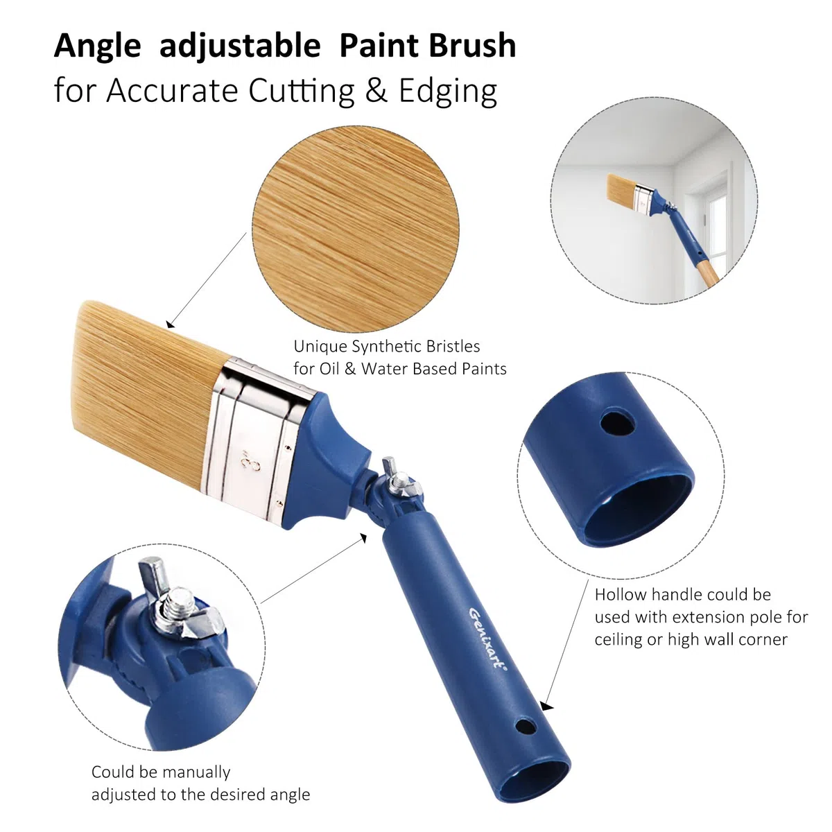 Genixart Lot de 3 pinceaux extensibles pour murs et plafonds - Pinceaux à manche long pour bois - Pinceaux de maçonnerie multi-angles réglables pour peinture et chaux