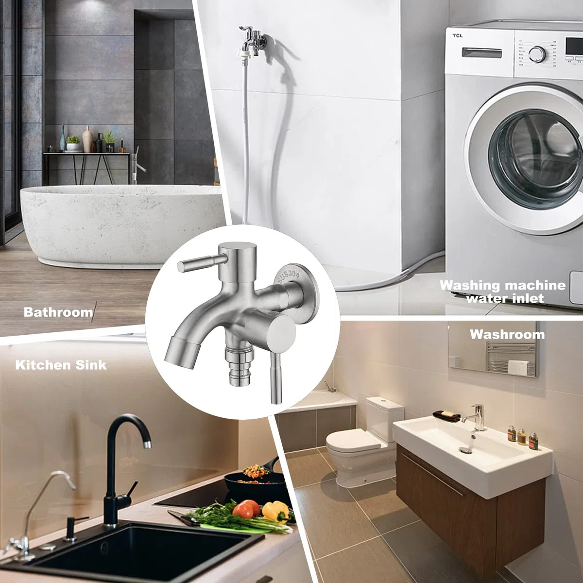 Double robinet universel 1/2" en acier inoxydable avec raccords de tuyau, robinet de jardin double multifonction pour machine à laver, jardin, cuisine, salle de bain