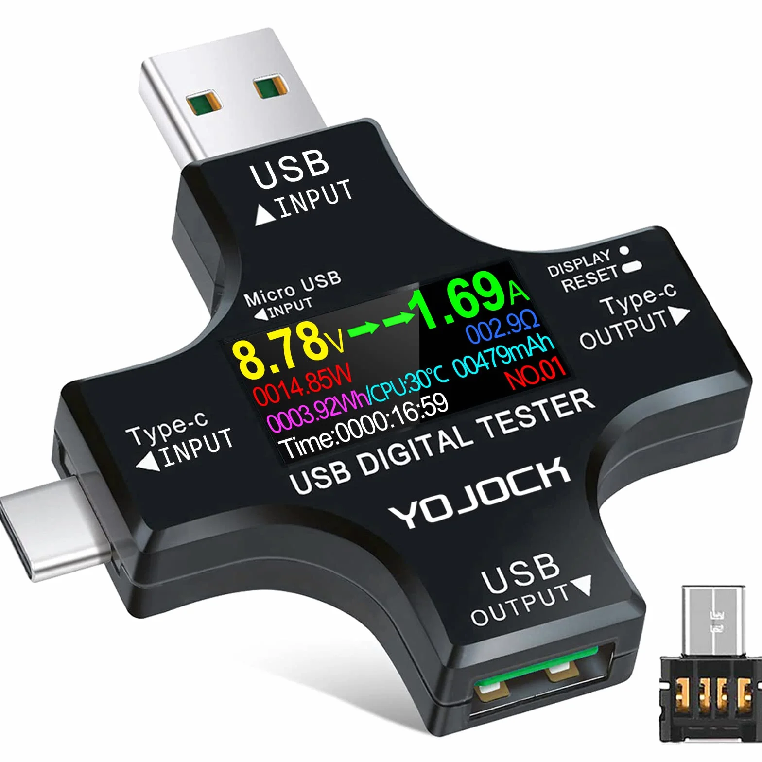 YOJOCK Testeur USB Multimètre USB C Meter de Courant et de Tension 3.6-32V 0-5.1A Tester 2 en 1 Voltmetre Amperemetre Capacité Alimentation Wattmètre Chargeur Détecteur avec adaptateur OTG
