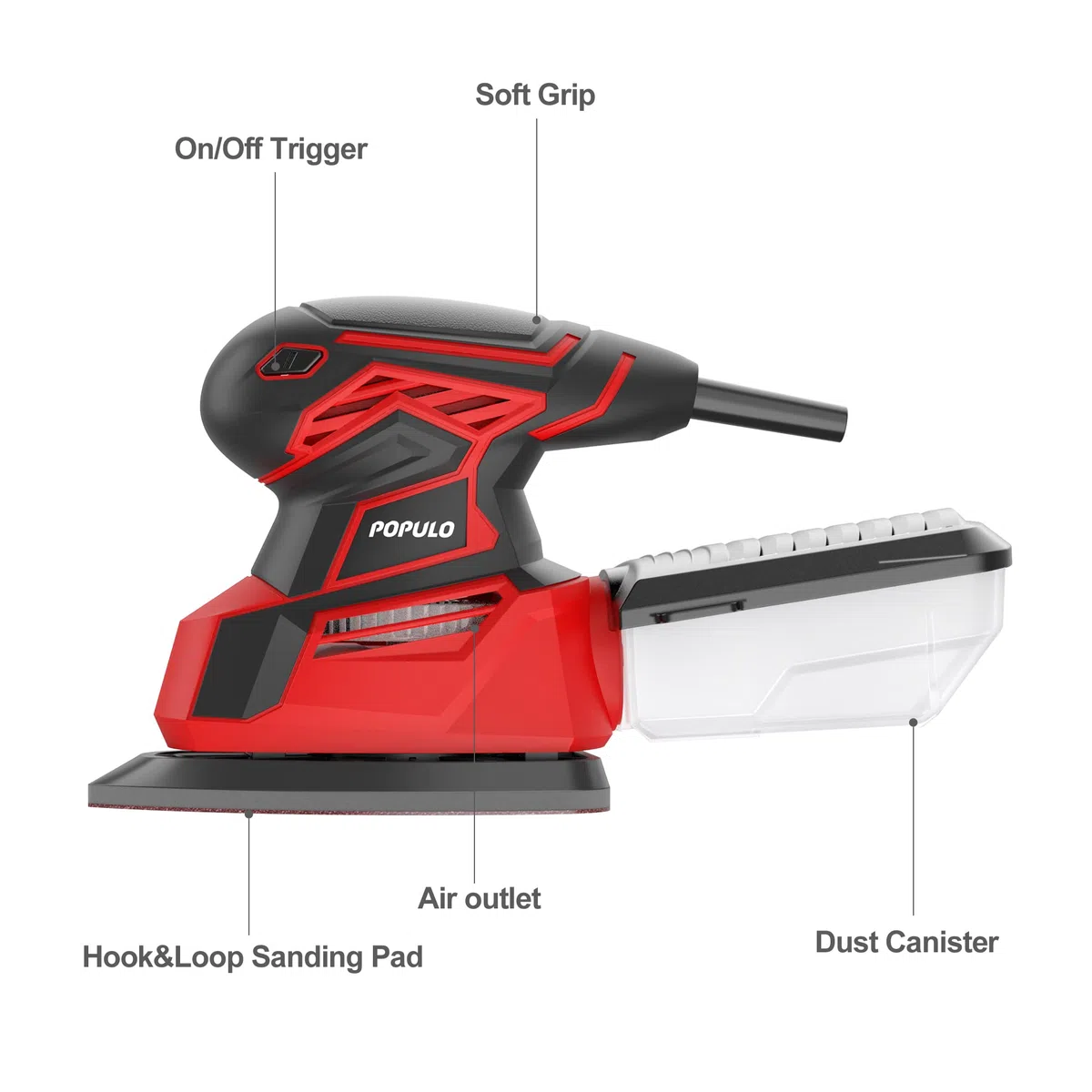 POPULO Ponceuse Vibrante 130W 14000 RPM Ponceuse de Détail Professionnel avec Cordon d'alimentation 1.83m, Système de Collection de Poussière,12PCS Feuilles Abrasives pour Le Ponçage,Le Polissage