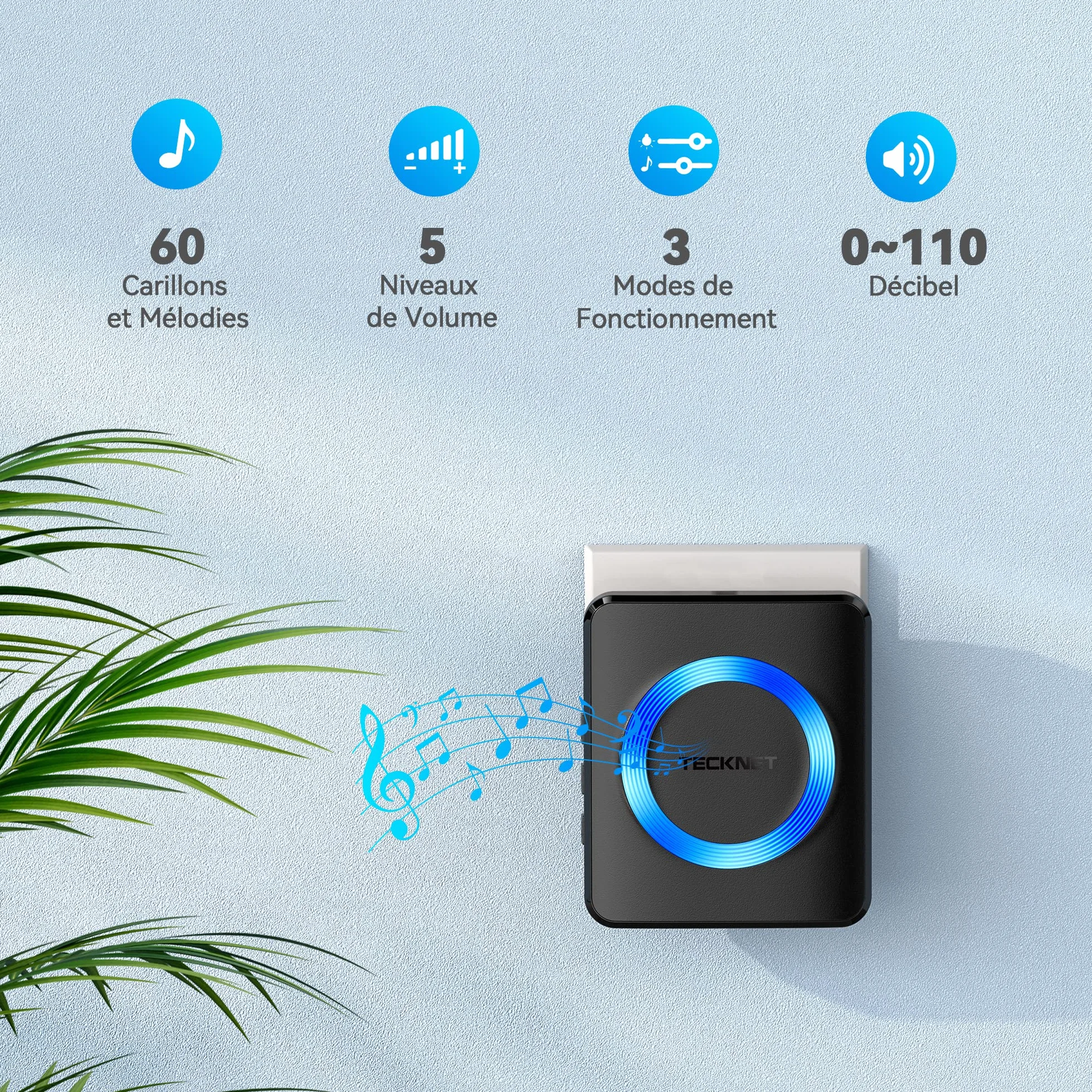 TECKNET Sonnette sans Fil, IP65 Exterieur Étanche Carillon 400 Mètres Two Récepteur Sonnette Electronique, 60 Mélodies 5-Niveaux LED Bleu, pour Maison, Hôtel, Urgence