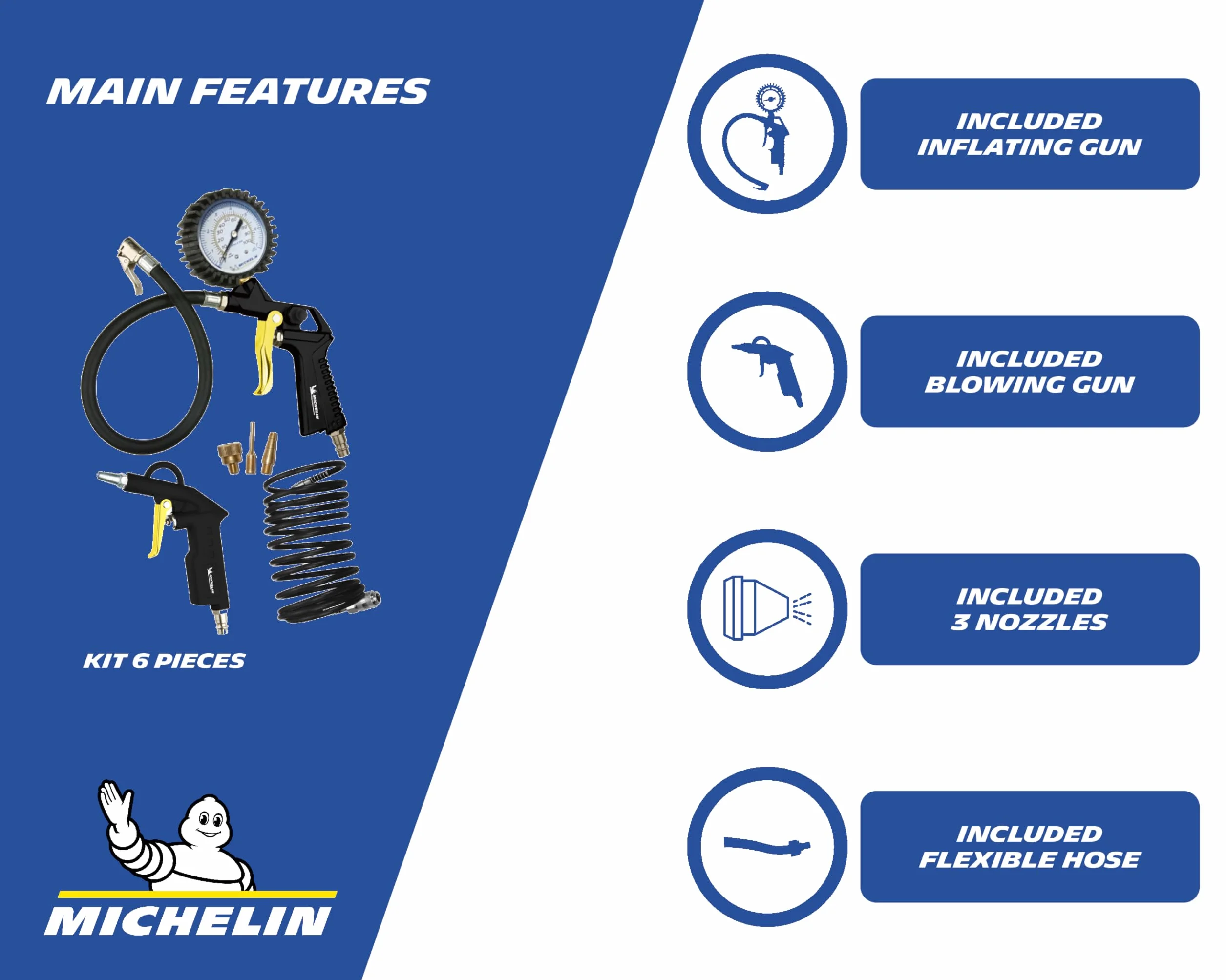 MICHELIN Kit Air Comprimé 3 Pièces (Inclus Pistolet de Gonflage avec Manomètre, Tuyau Spirale 5 m, Soufflette Bec Court - Pression Maximale : 8 bar
