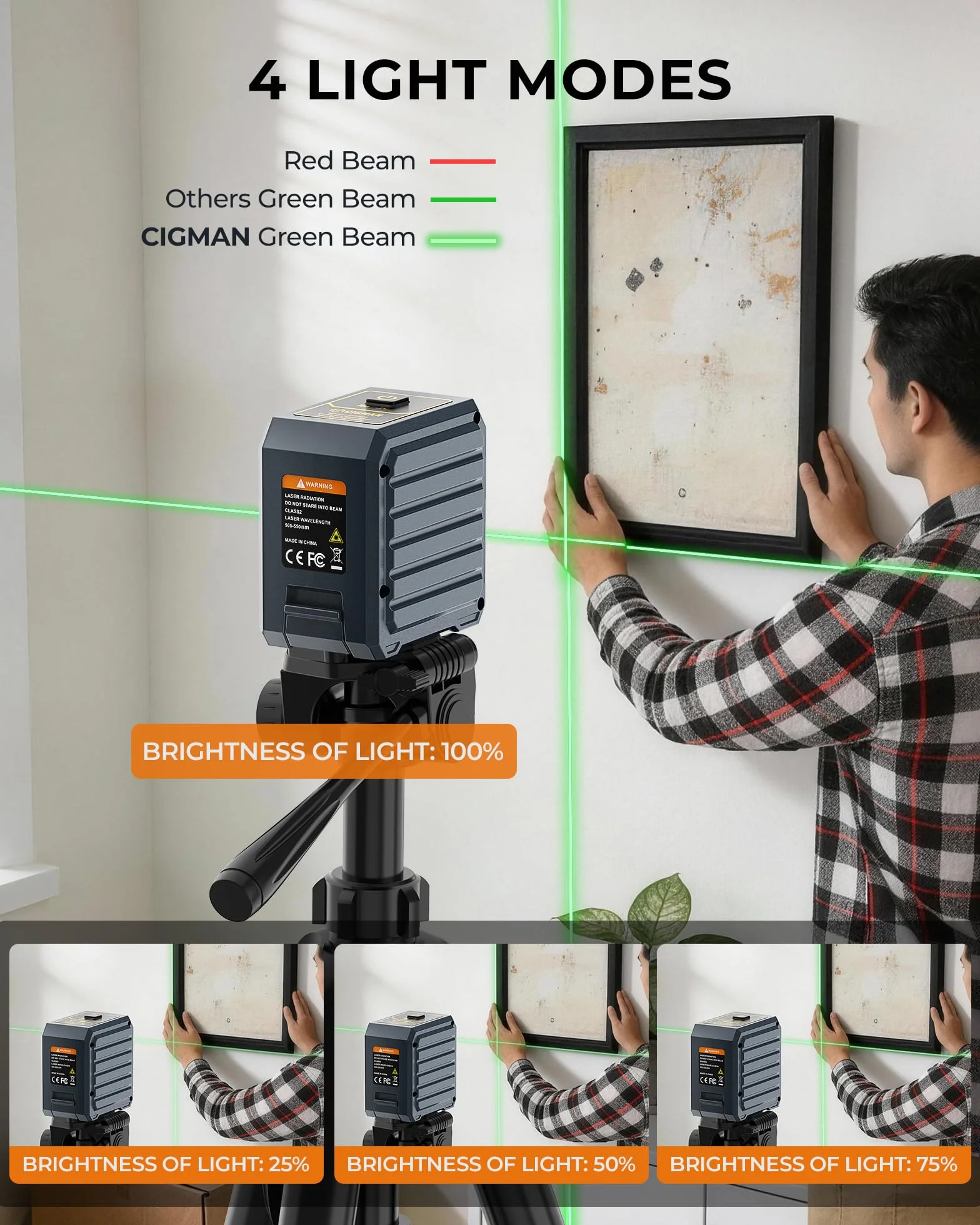 Niveau laser vert CIGMAN avec nivellement automatique et mode manuel, mode impulsion de 30 m, 4 niveaux de luminosité, haute précision ± 0,3 mm/1 M, comprend des piles AA et un support