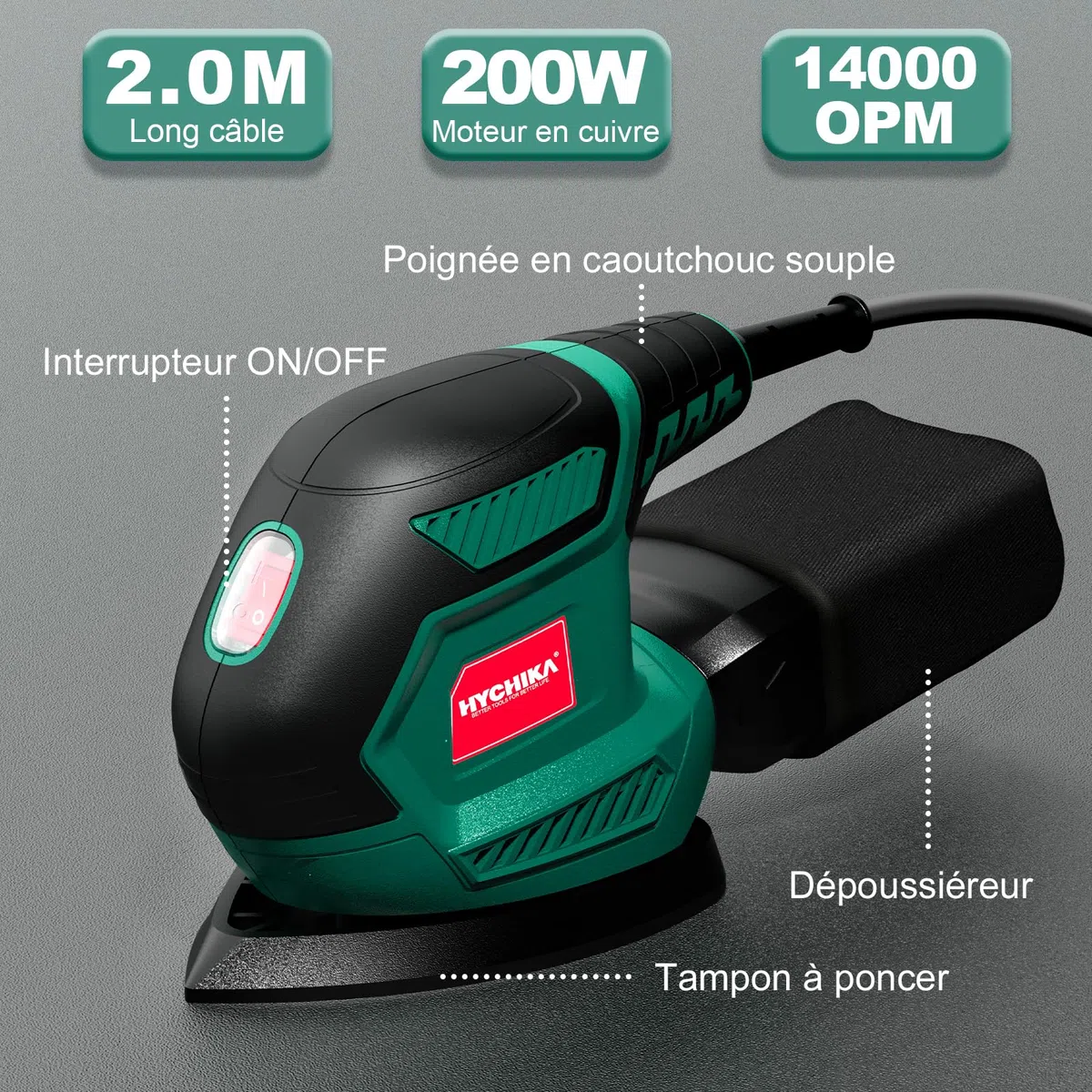 HYCHIKA Ponceuse Bois, 200W 14000RPM Ponceuse Electrique avec 12pcs Papier de Verre& Collecte de Poussière, Idéale pour Angles et Bords, Métal et Bois