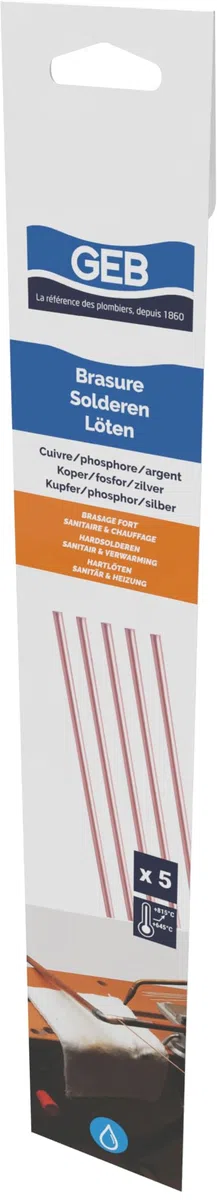 GEB Baguettes cuivre/phosphore/Argent pour brasage Fort. S'utilise sur tuyauteries d'installations sanitaires, de Chauffage… - 5 Baguettes