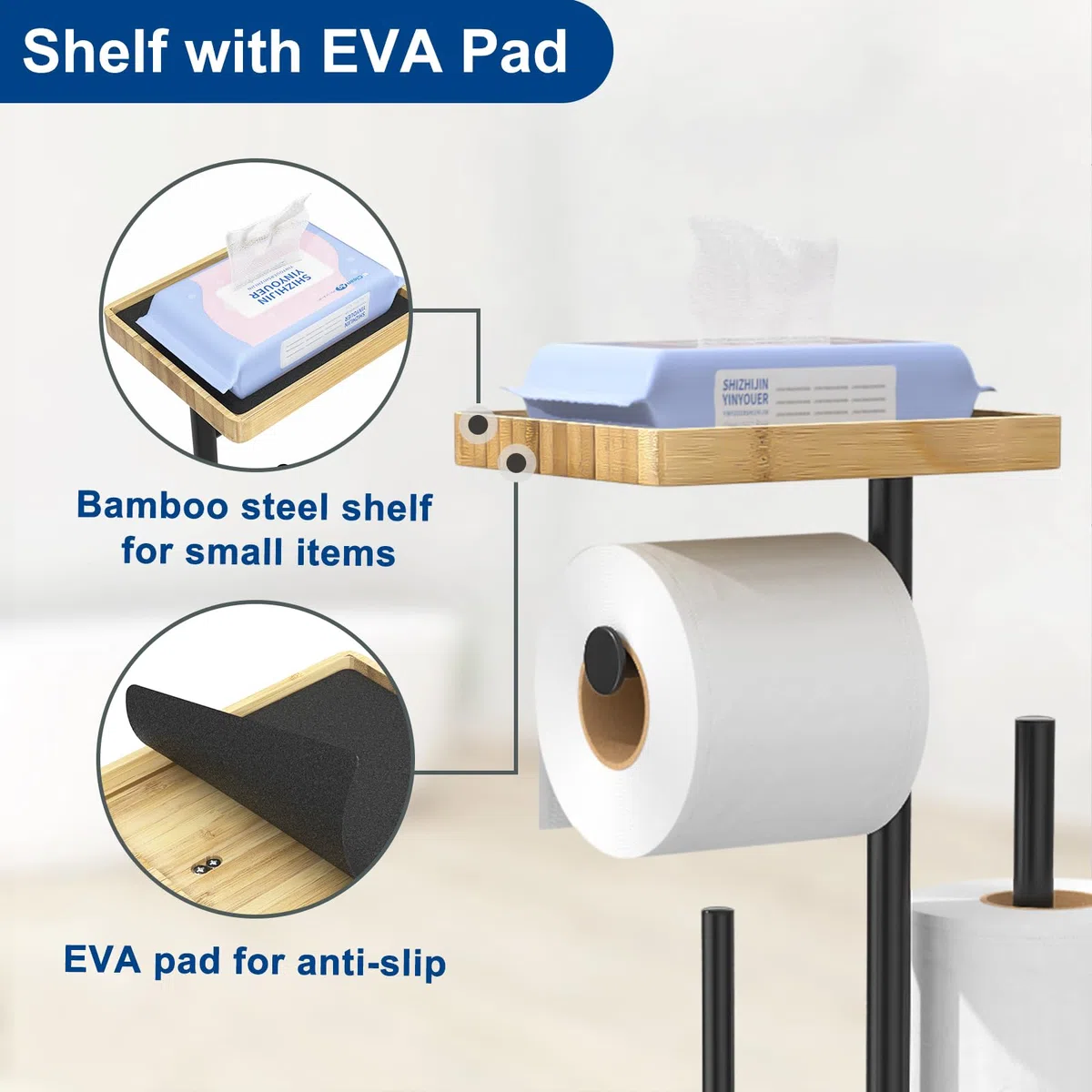 Porte Papier Toilette avec Brosse WC, Porte Rouleau Papier Toilette Debout en Acier Inoxydable avec Boîte à Lingettes Humides, Brosse WC et Dérouleur Papier Aucun Perçage Requis (Noir Mat)
