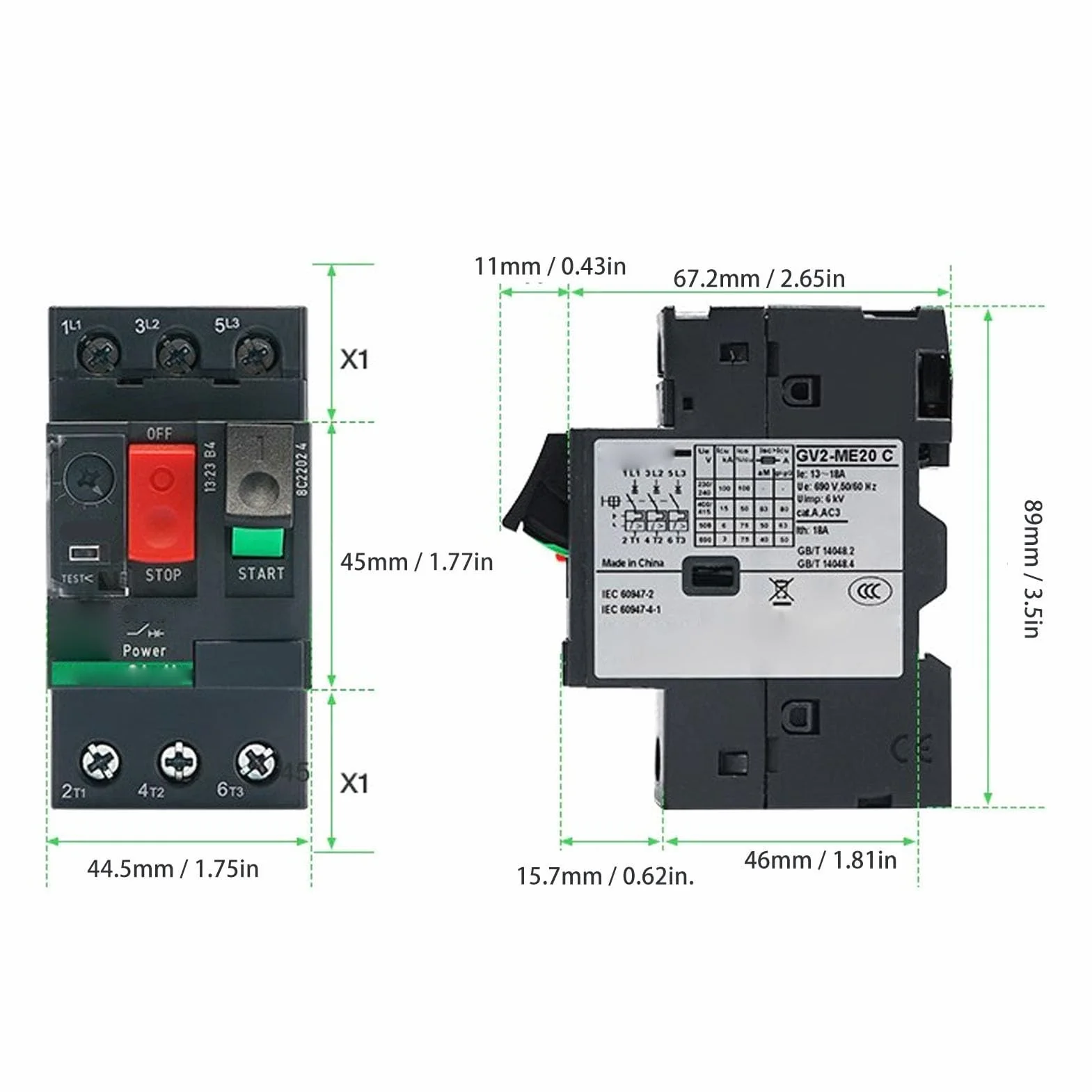 Disjoncteur de Protection de Moteur AC690V, Interrupteur de Protection de Moteur Manuel Thermique et Magnétique avec Bouton de Commande pour Divers Moteurs (GV2-ME14 6-10A)