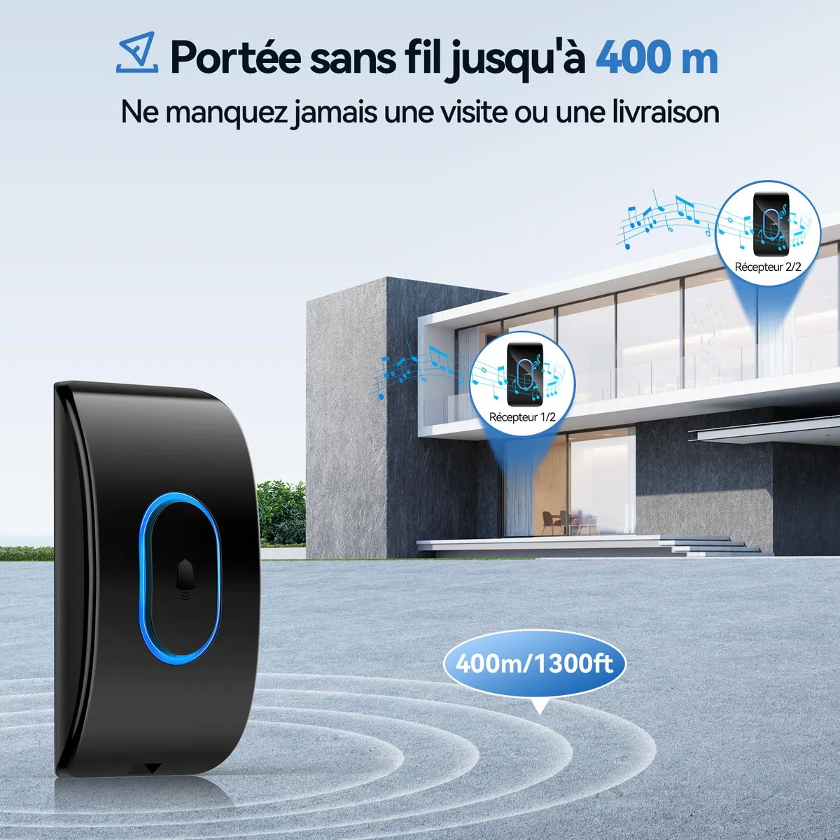 TECKNET Sonnette sans Fil Exterieur Etanche avec 2 Récepteurs, Portée de 400M, IP65 Etanche Carillon, 60 Mélodies et 5 Niveaux Volume, Indicateur LED Bleu, pour Maison, Hôtel -Noir