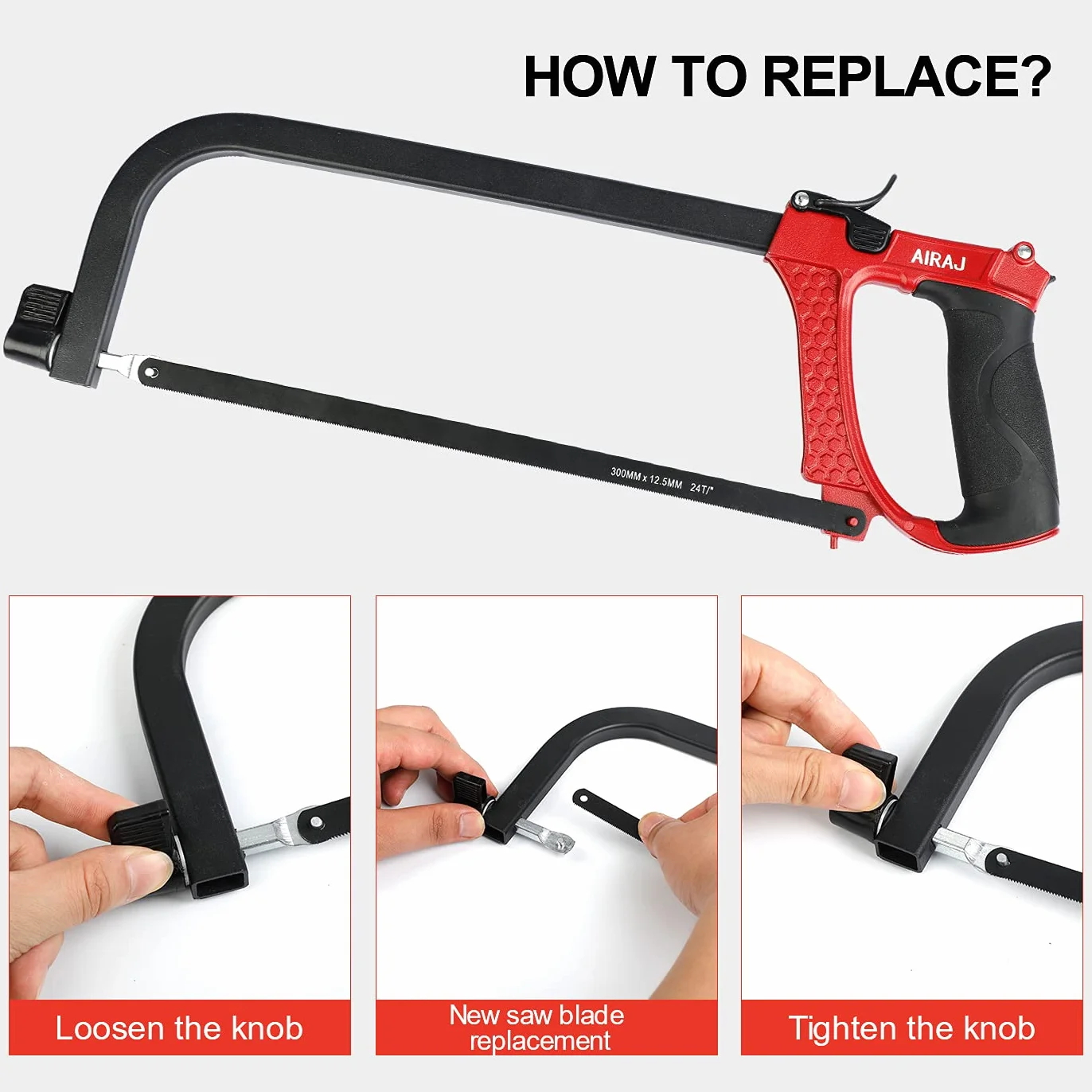 AIRAJ Scie À Métaux 300mm, Poignée Antidérapante, 9 Bandes De Scie De Rechange, Pour La Découpe De Tubes En Métal, Bois Et PVC