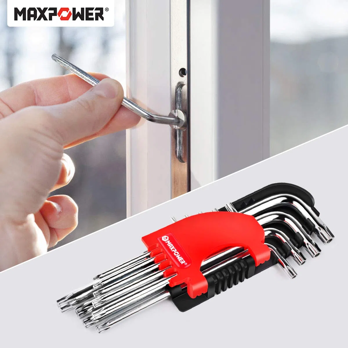 MaxPower Jeu de 9 clés Allen longues avec trou central – Torx percées | Acier Cr-V anticorrosion | Clé Allen étoile inviolable avec boîte de rangement