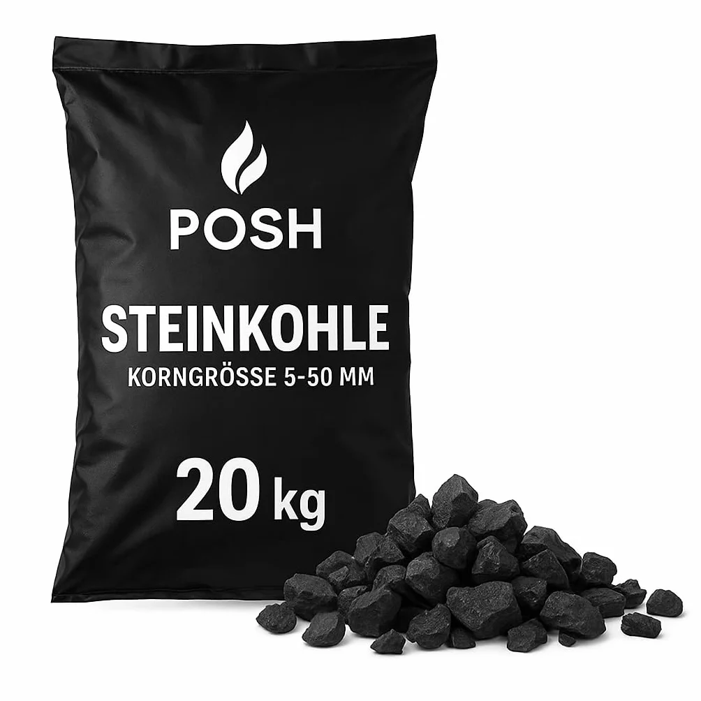 POSH Charbon fin 5 à 50 mm 20 kg combustible de qualité supérieure pour four, chaudière et installations à combustible solide, faible teneur en cendres, pouvoir calorifique élevé